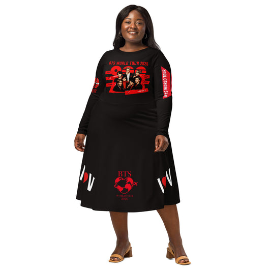 A front view of a women's purple Borahae BTS V Bias long sleeve midi dress with deep side pockets, styled as a premium K-pop reunion tour concert outfit.