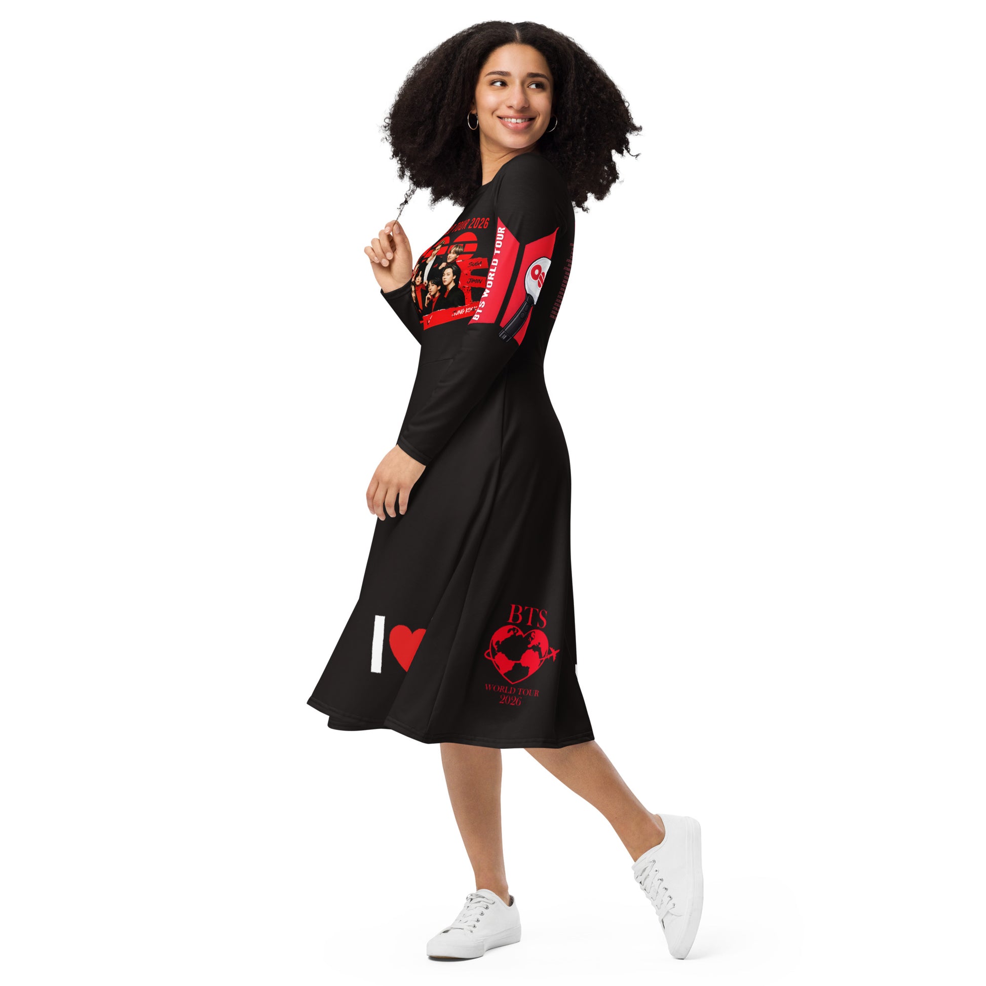 A view of the beautifully flared semi-circular skirt silhouette highlighting the smooth drape and premium purple graphic design.