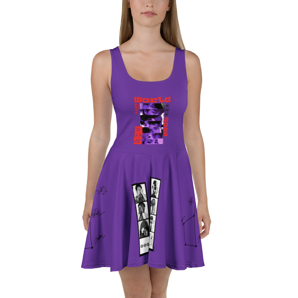 Front view of a model wearing the purple BTS Arirang World Tour 2026 skater dress featuring chest and skirt graphic print details.