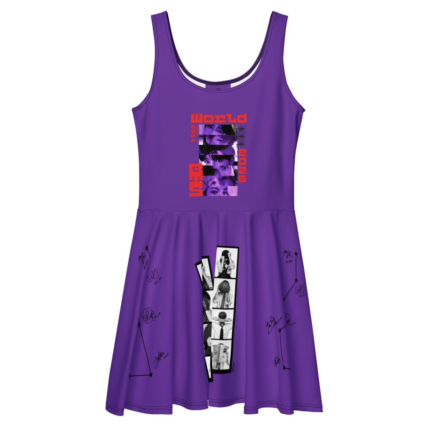 Front flat lay view of the sleeveless BTS Arirang World Tour 2026 purple midi skater dress showcasing the scoop neckline and fit-and-flare silhouette.