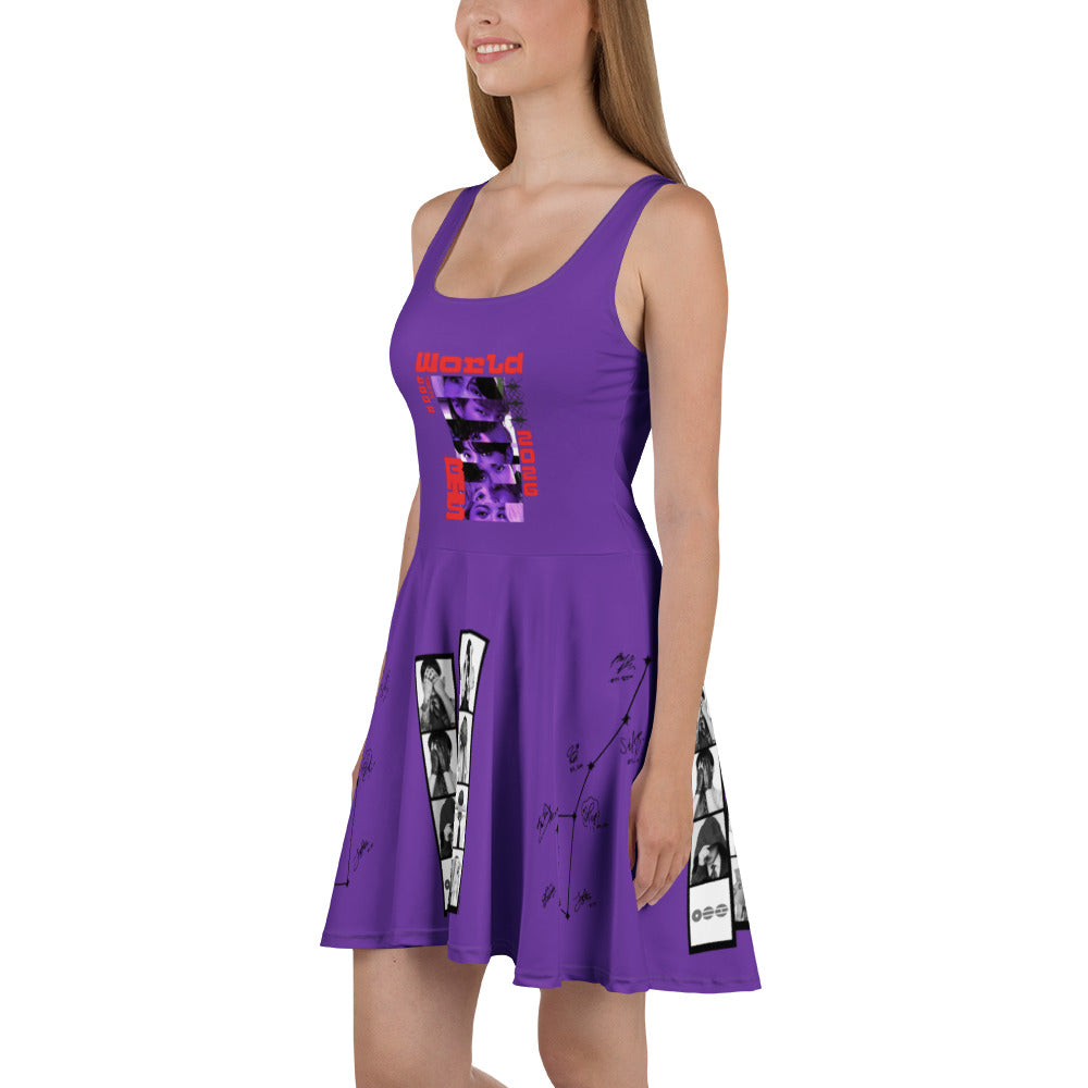 Side profile view of a model showcasing the high-yield elastic waistband construction and fluid drape of the premium moisture-wicking BTS dress fabric.