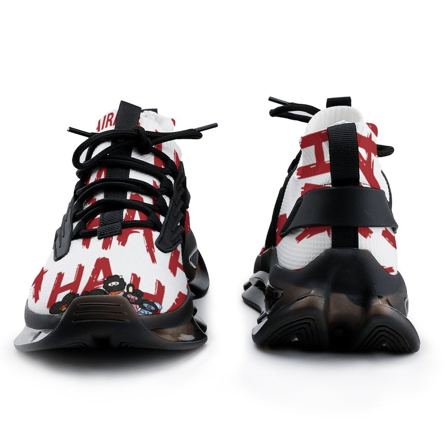 Front view detail of the black HAHAHA Hooligan K-pop sneakers, highlighting the high-top ankle support, classic lace-up style, and non-slip TPU outsole.