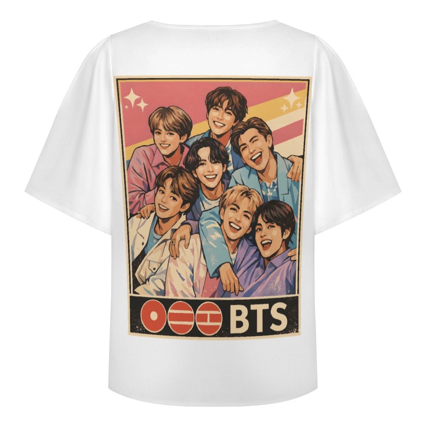 White flat lay shirt mockup featuring a vintage retro-style colorful graphic print of BTS members and bold BTS text.