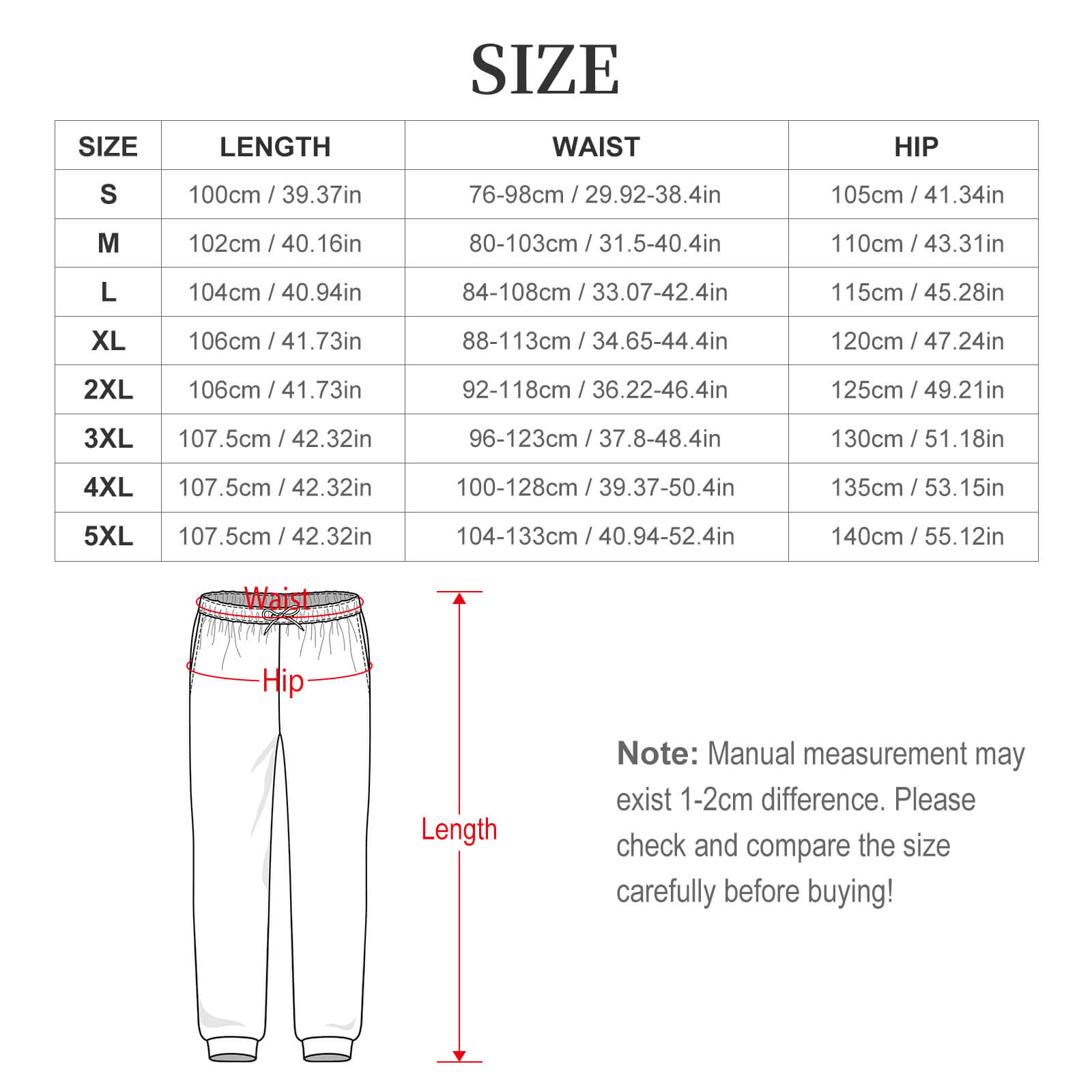 Size dimensions chart for the BT21 Hooligan men's joggers showing measurements from size S to 5XL.