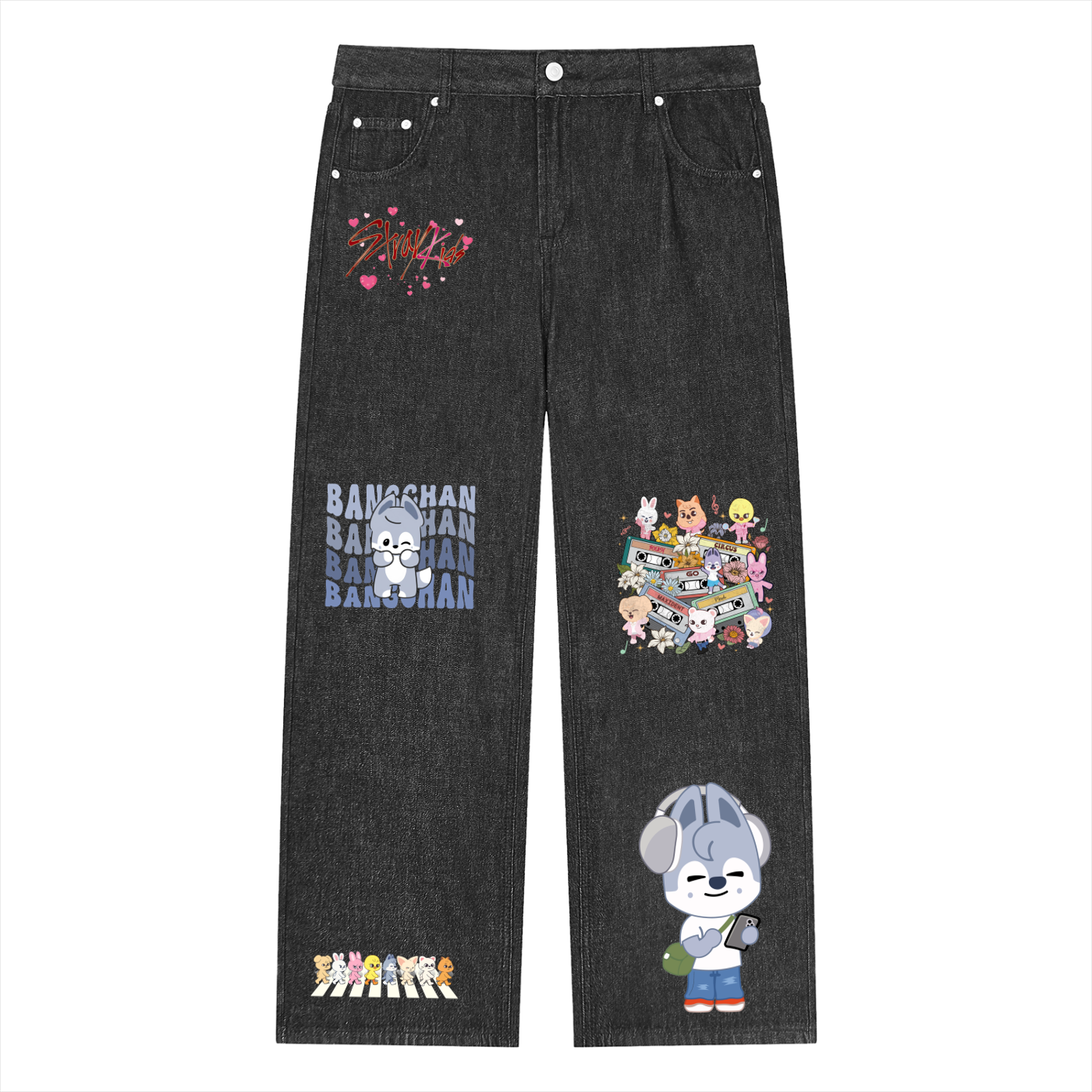 Front full-length view of SKZ SKZOO Wolfchan unisex vintage wash straight leg jeans in light gray, featuring custom character graphics and a loose streetwear fit.