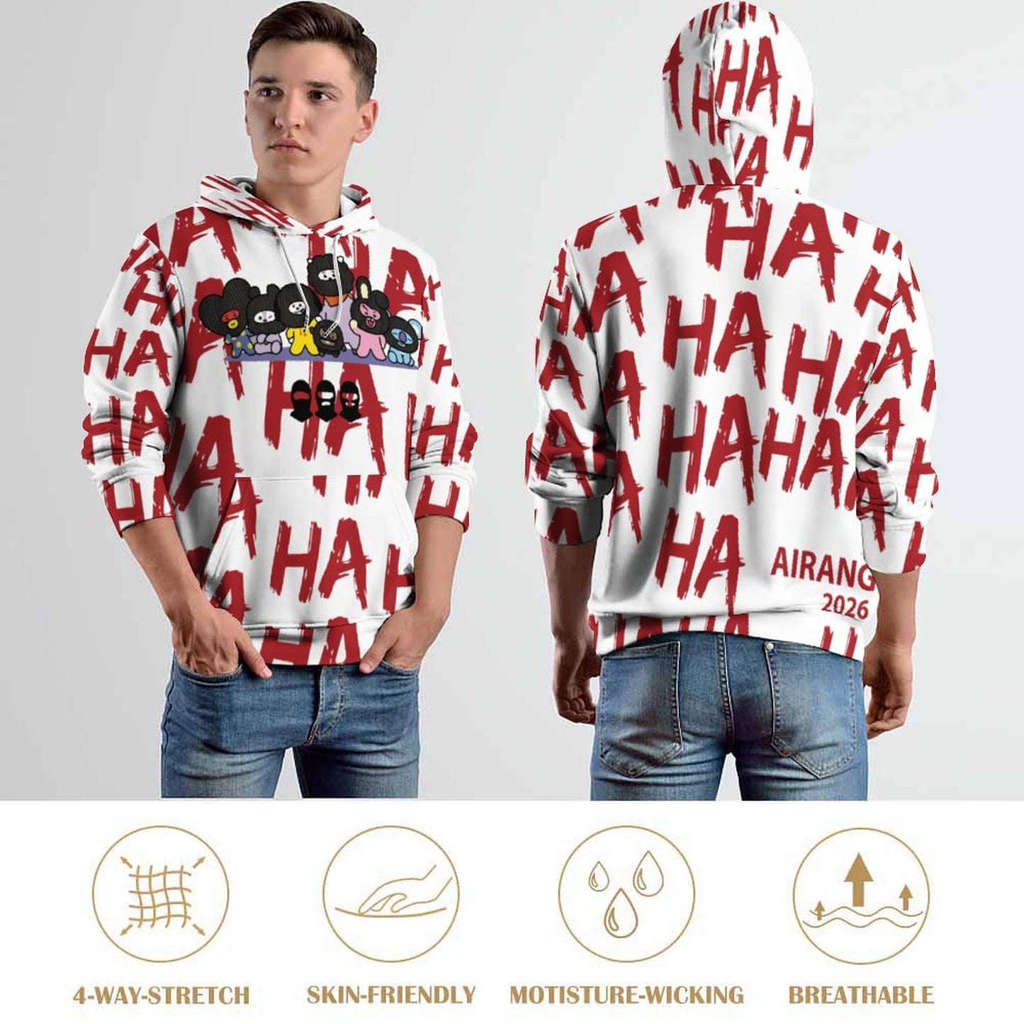 A model styled in an oversized K-pop concert outfit wearing a white all-over print BT21 inspired graphic hoodie paired with streetwear cargo pants, highlighting the relaxed, comfortable fit and heavy 230gsm fabric drape.
