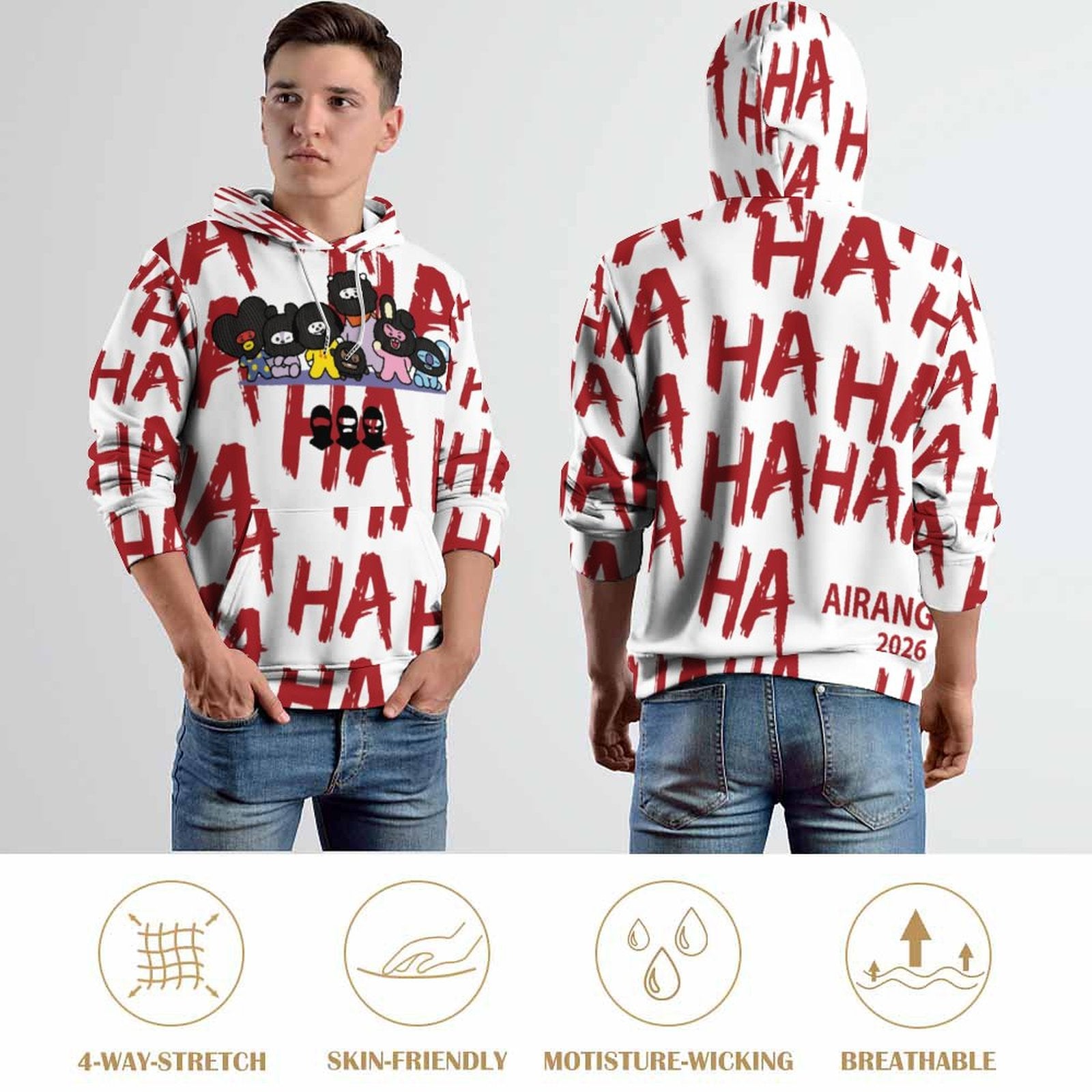 A model styled in an oversized K-pop concert outfit wearing a white all-over print BT21 inspired graphic hoodie paired with streetwear cargo pants, highlighting the relaxed, comfortable fit and heavy 230gsm fabric drape.