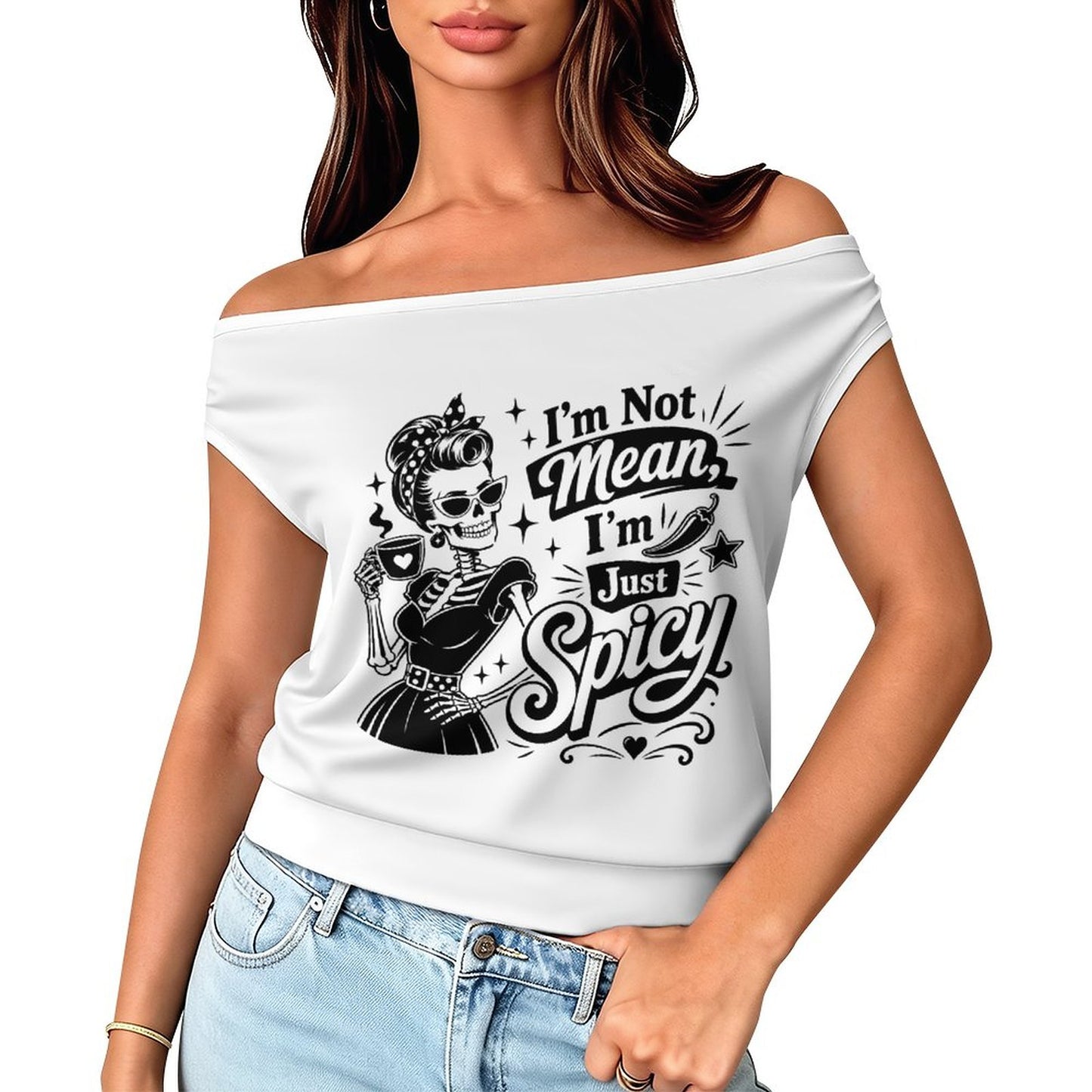 Not Mean I'm Spicy Single Shoulder T-Shirt - Y2K Asymmetrical Sassy Tee
