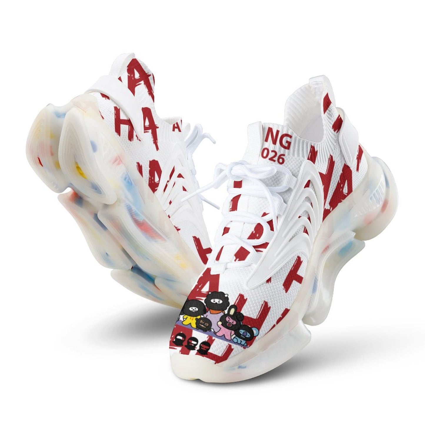 Angled profile view of the white K-pop inspired basketball shoes, displaying the bold red "HAHAHA" graphic print across the sides and the custom BT21 cartoon character group illustration on the toe box.
