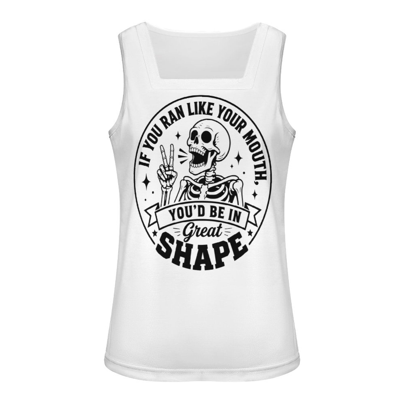 Clean, front-facing product mockup of a sleeveless white square-neck crop top displaying a bold black and white retro skeleton fitness graphic on a solid white background.