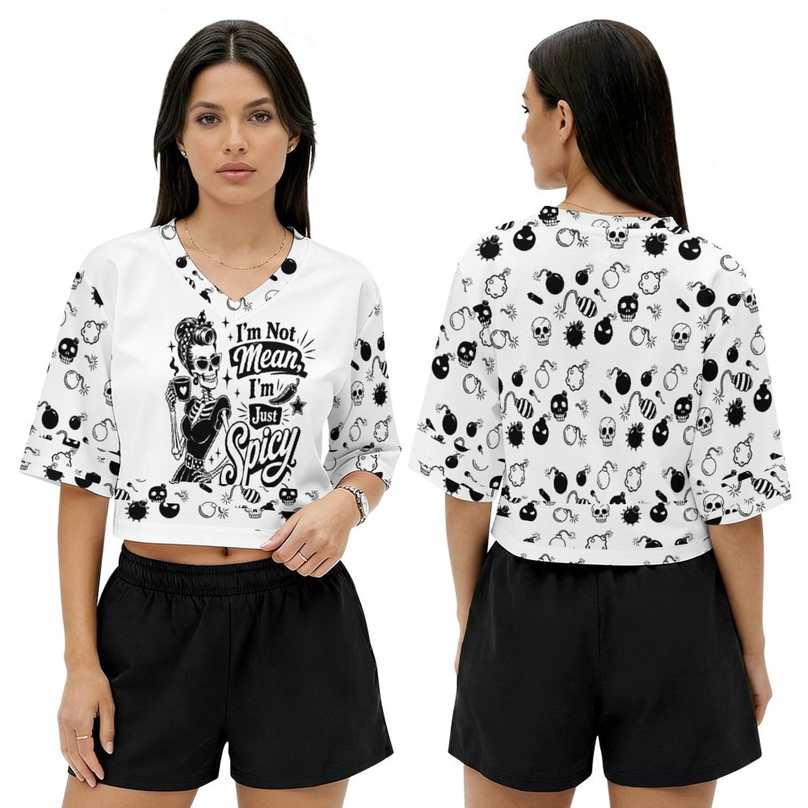 Front and back view of a model wearing a white V-neck rugby jersey with a bombs and skulls all-over print, styled with black denim shorts for an edgy Y2K grunge look.