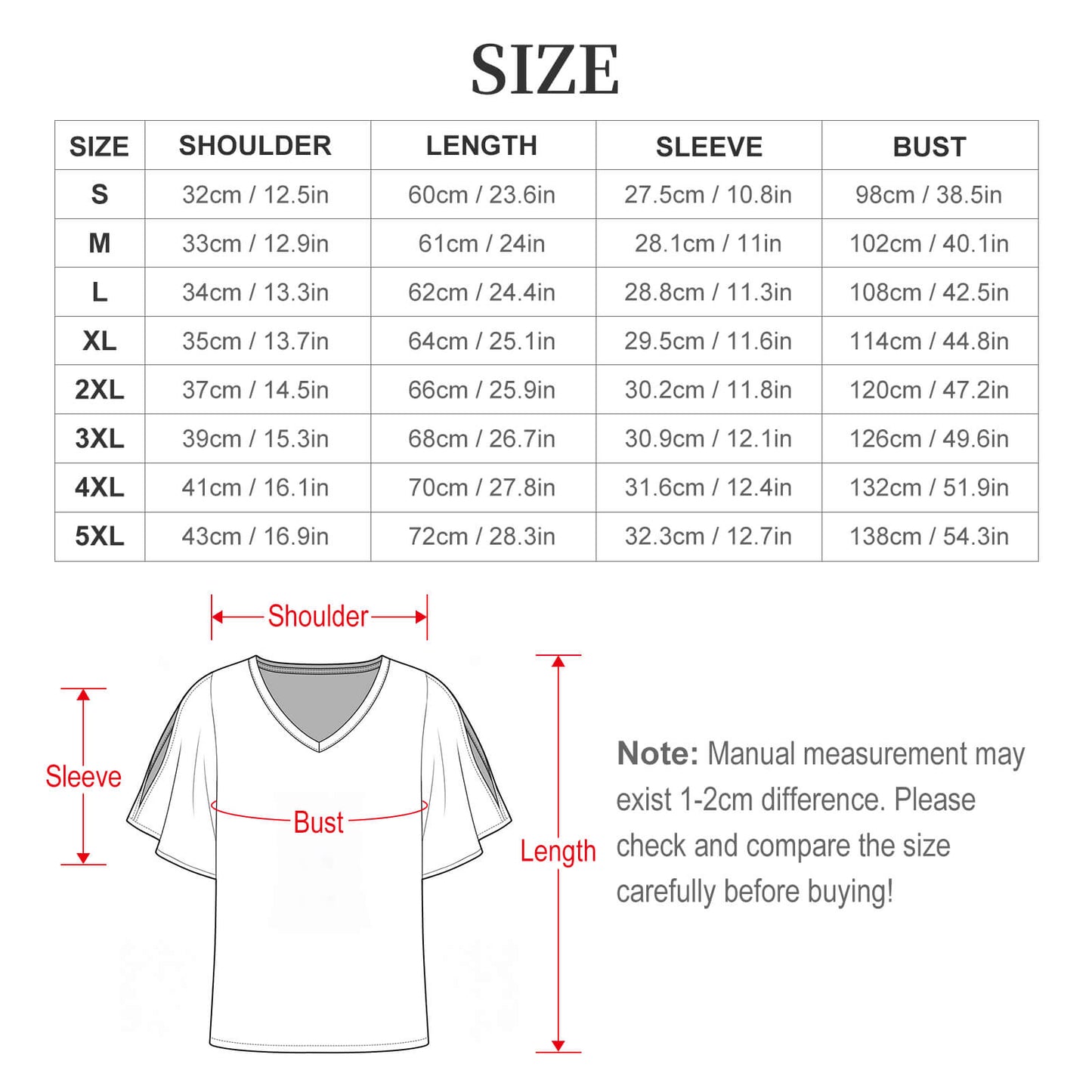 Size dimensions chart for the BTS World Tour V-neck cold shoulder ruffled sleeve top from sizes S to 5XL.
