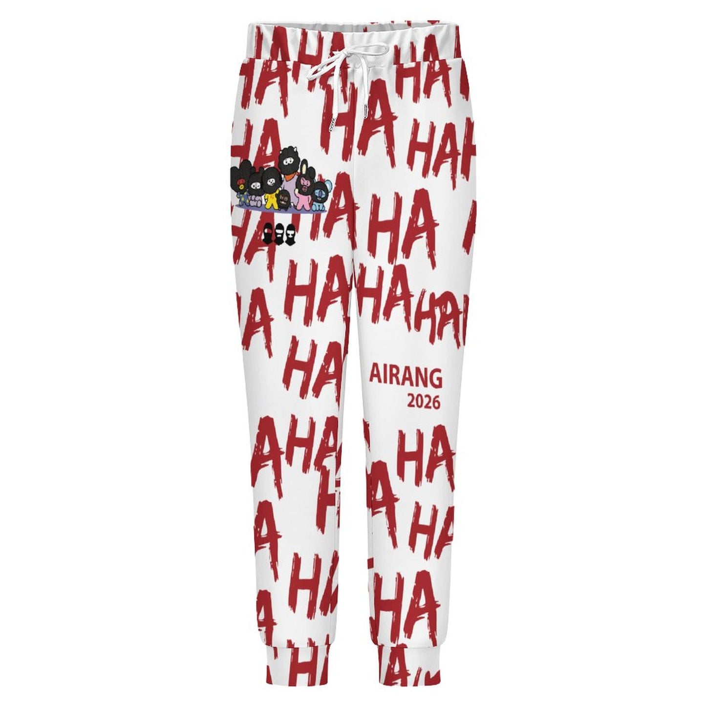 A detailed close-up display of the red HA HA HA text pattern layout on the BT21 Hooligan casual streetwear joggers.