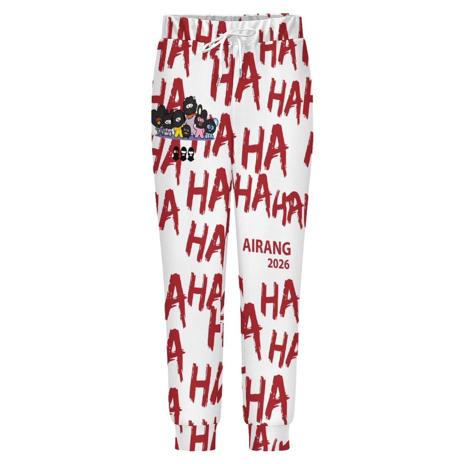 A detailed close-up display of the red HA HA HA text pattern layout on the BT21 Hooligan casual streetwear joggers.