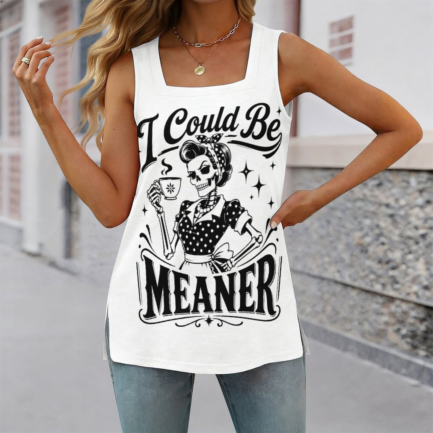 Model wearing sassy graphic square neck sleeveless camisole top