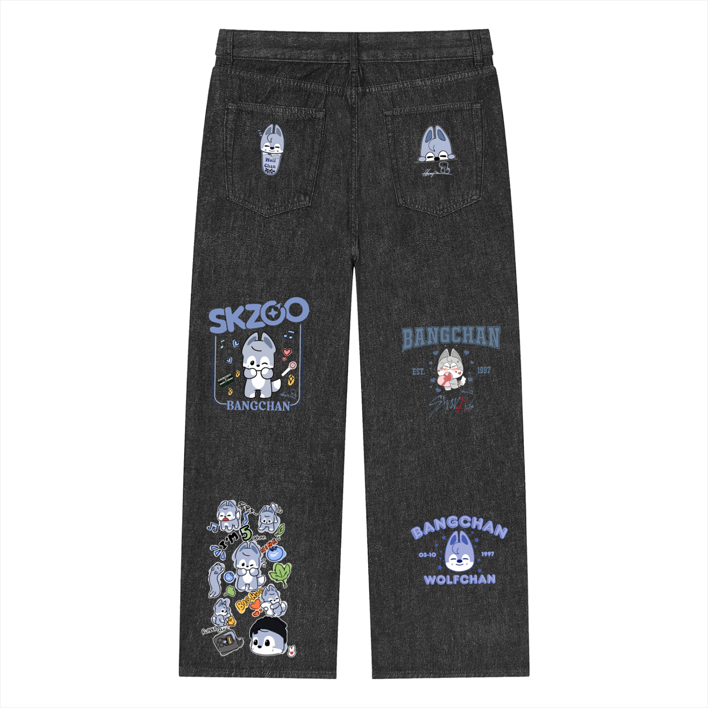 Back full-length view of SKZ SKZOO Wolfchan unisex vintage wash straight leg jeans in washed black, featuring custom character graphics and a loose streetwear fit.