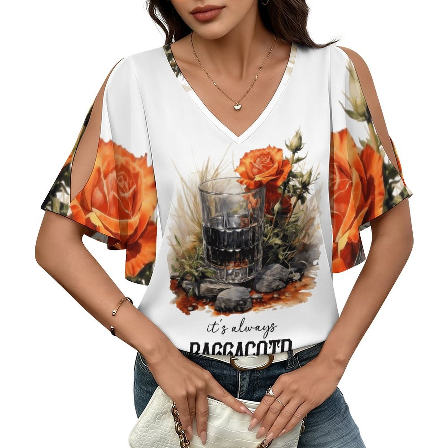 200gsm V Neck Cold Shoulder Ruffled Sleeve Top(All-Over Printing)