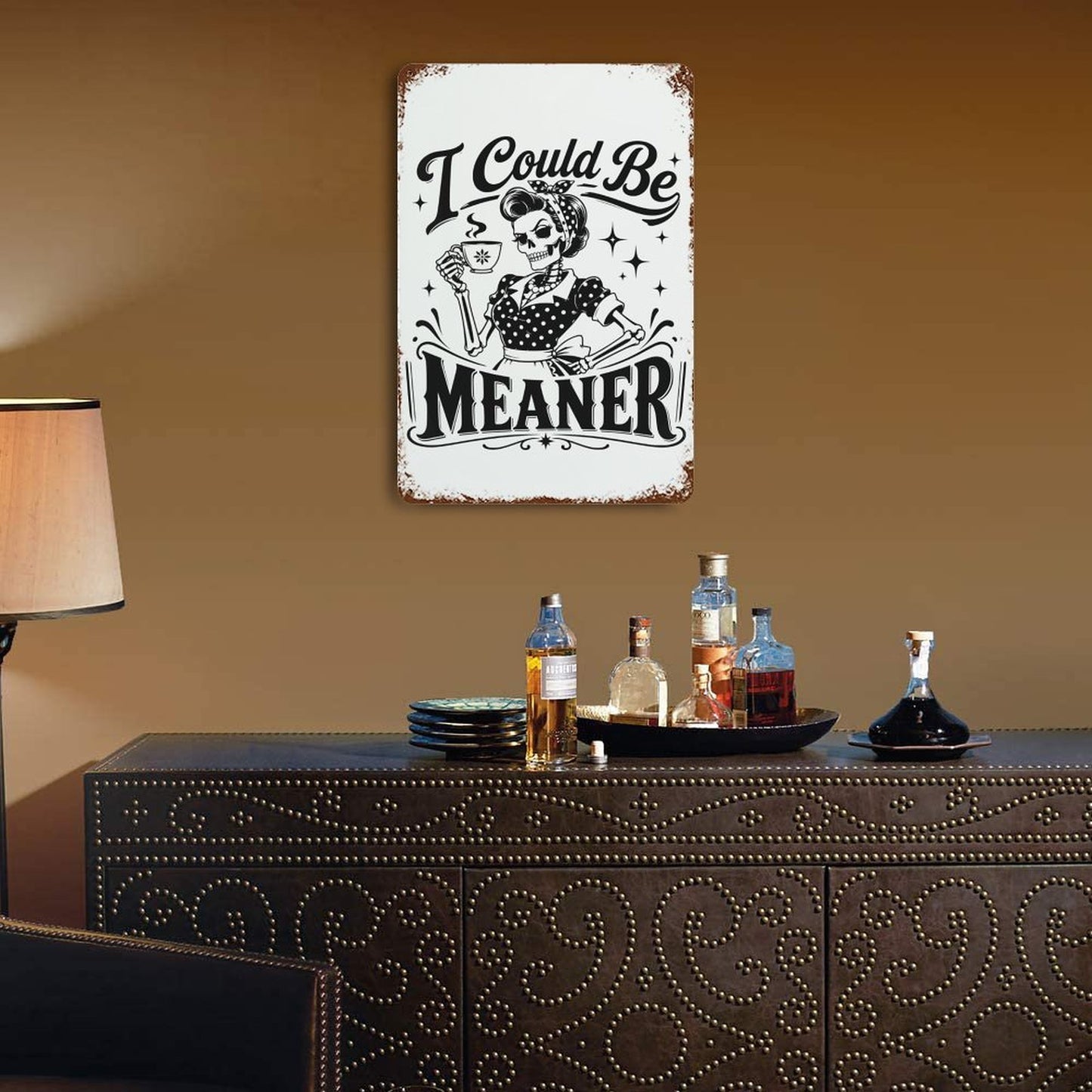 Sassy quote graphic retro metal sign hanging on a living room wall decor layout