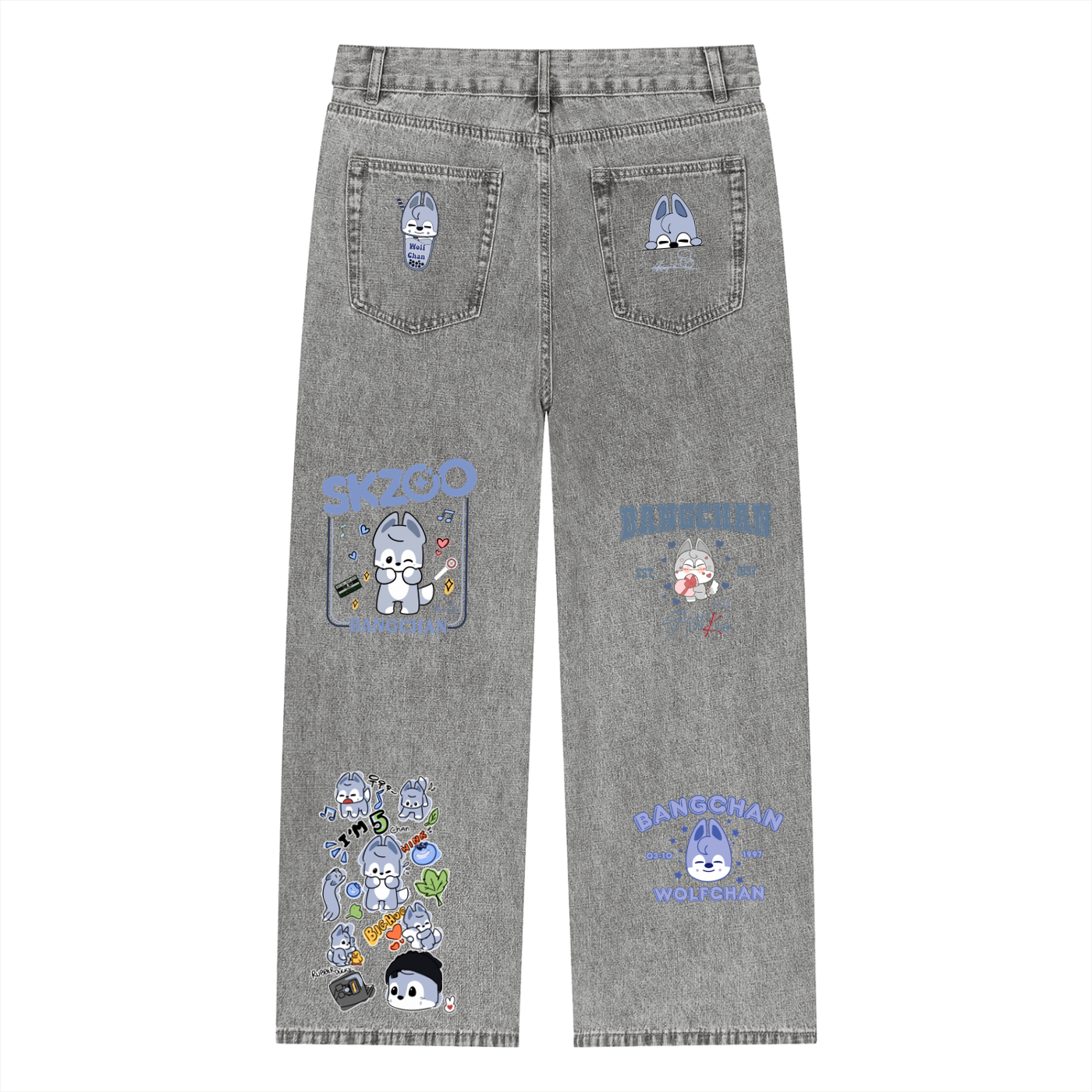 Back full-length view of SKZ SKZOO Wolfchan unisex vintage wash straight leg jeans in light gray, featuring custom character graphics and a loose streetwear fit.
