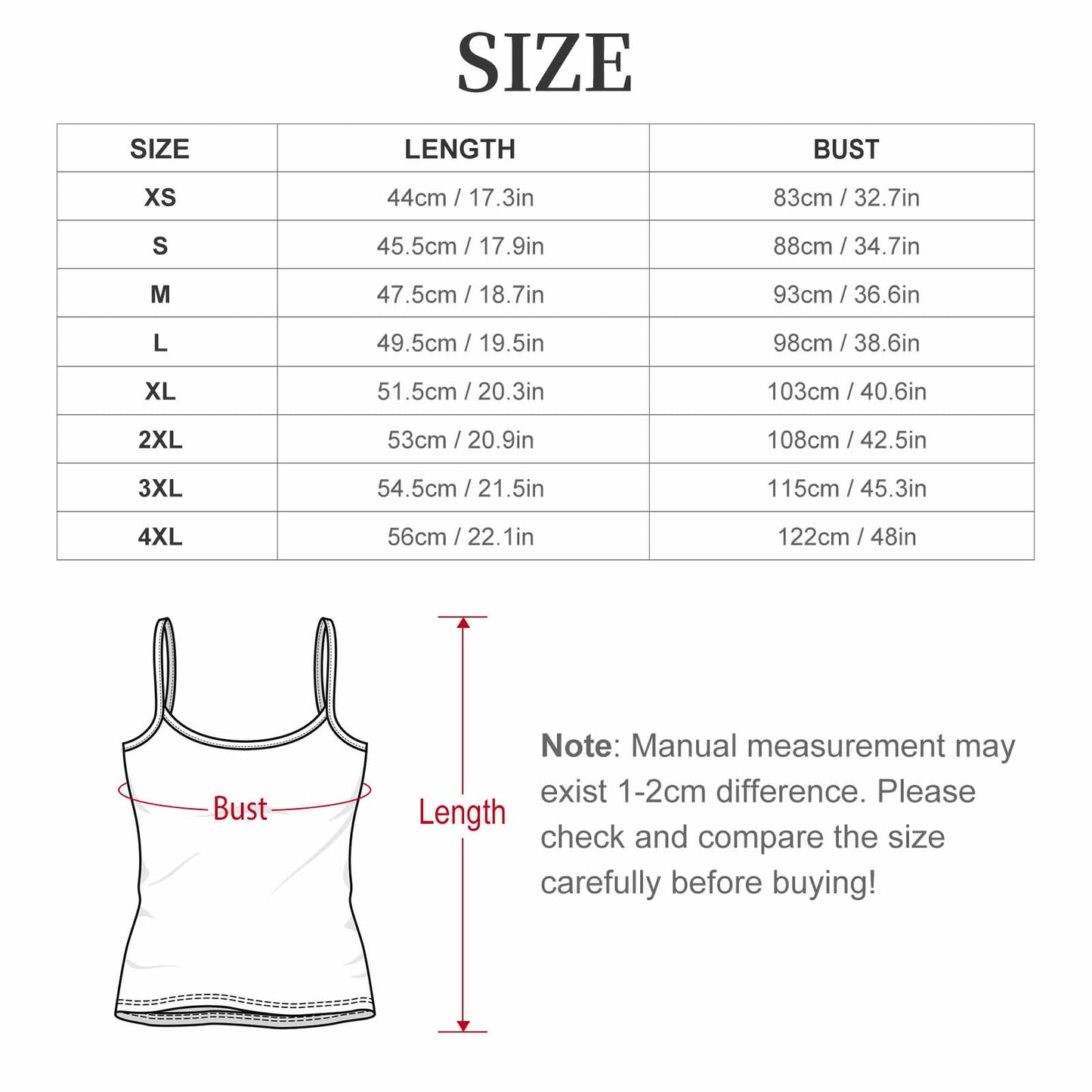 Size chart for the BookTok camisole pajama top, showing length and bust measurements in centimeters and inches for sizes XS to 4XL.