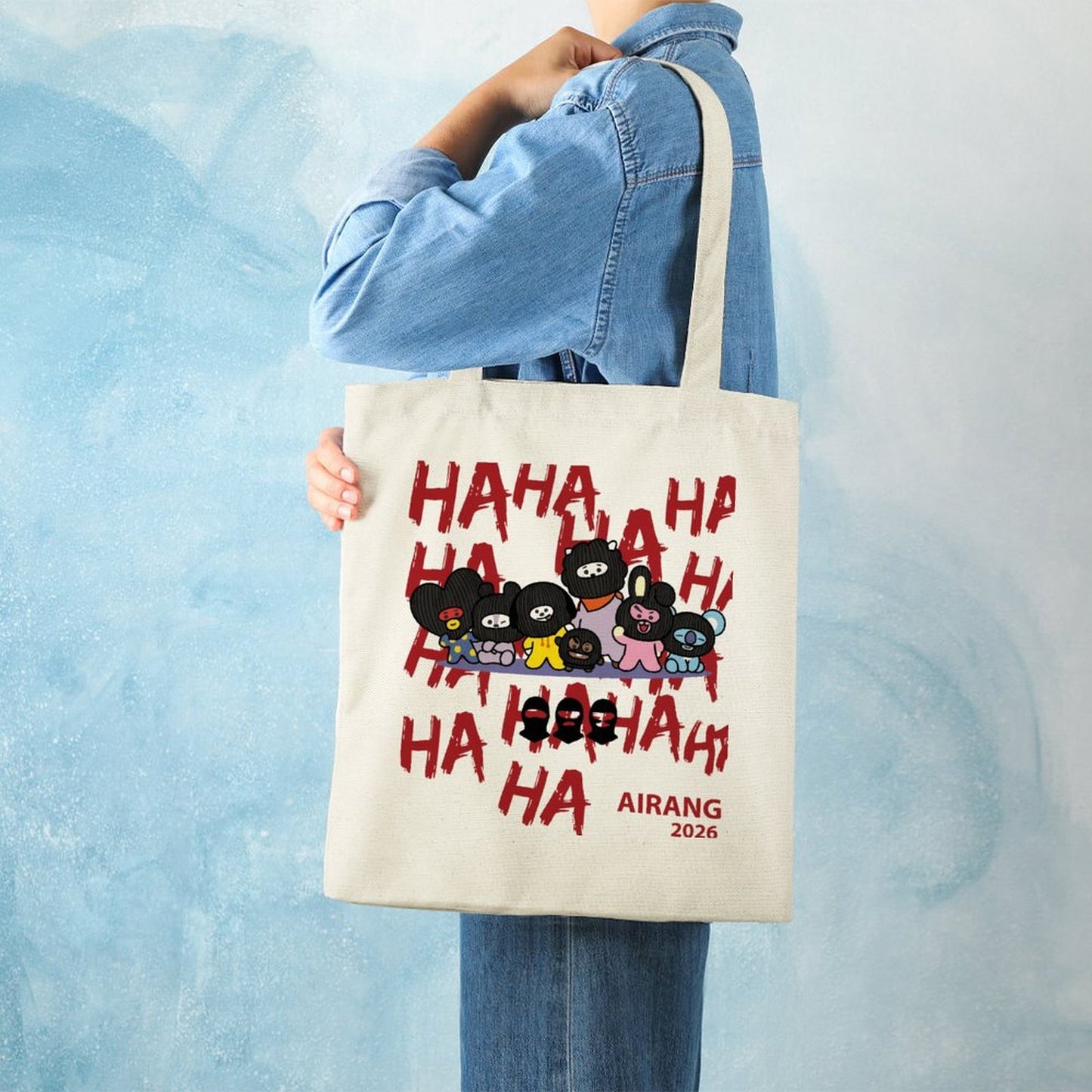 Model wearing the BT21 Hooligan casual tote bag over the shoulder for an everyday street style aesthetic.