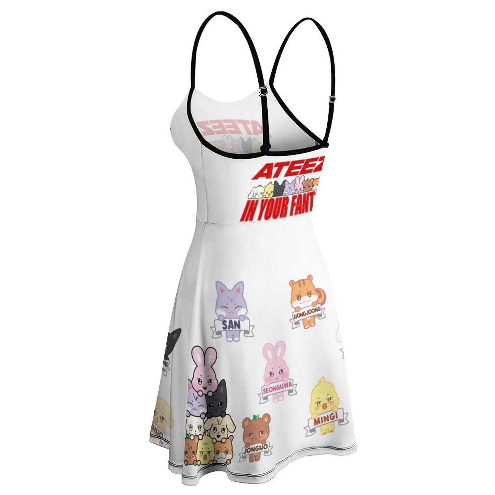 Rear fview of the white Ateez Aniteez all-over print spaghetti strap dress, displaying the seamless continuation of the custom character pattern.