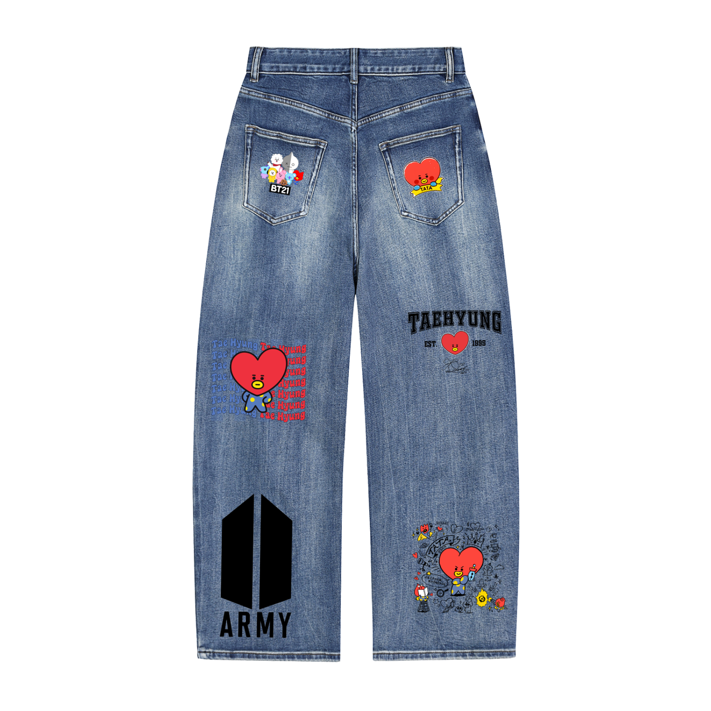 Back view of the vintage washed wide-leg BT21 denim jeans highlighting the classic pocket layout and sun-faded finish.