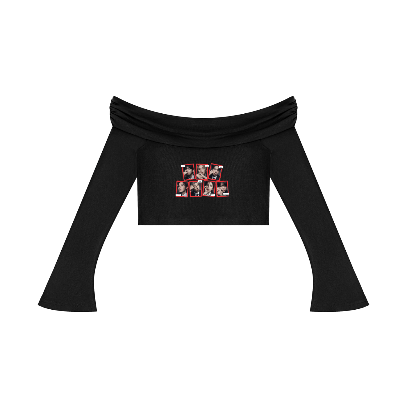 Front view of the BTS Arirang women's off-the-shoulder bell sleeve crop top in black, showcasing the elegant bardot neckline and custom graphic design for ARMY.