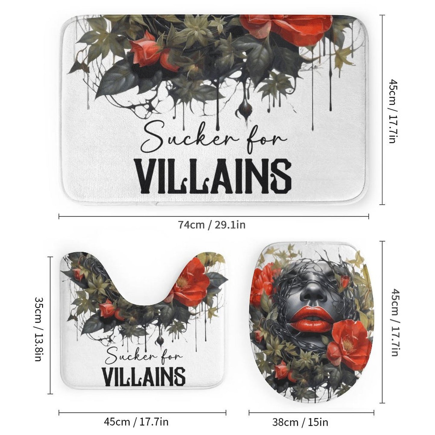 Product display of the "Sucker for VILLAINS" BookTok inspired 4-piece bathroom collection, showcasing the individual graphic layout of the shower curtain, contour rug, floor mat, and toilet cover.