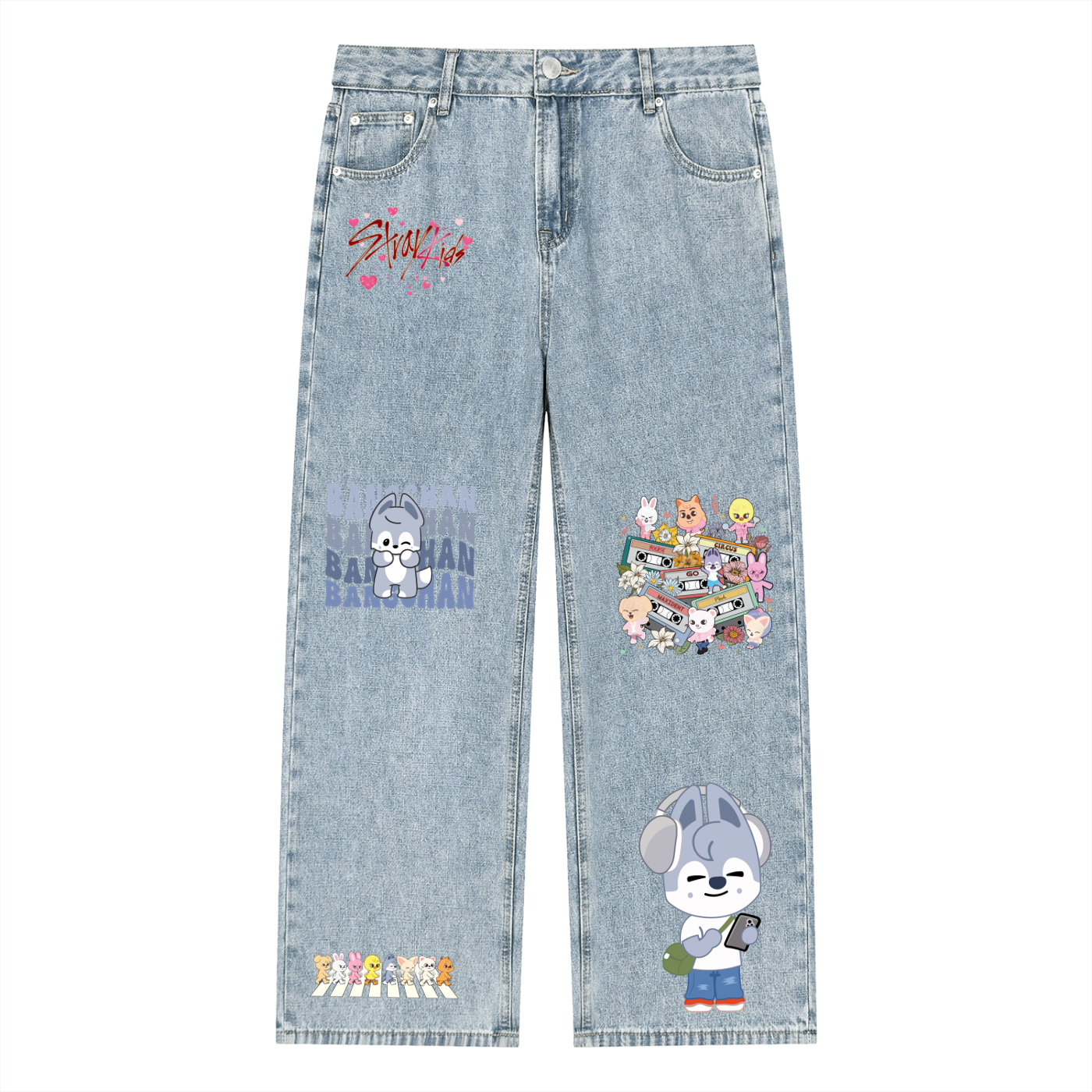Front full-length view of SKZ SKZOO Wolfchan unisex vintage wash straight leg jeans in blue denim, featuring custom character graphics and a loose streetwear silhouette.