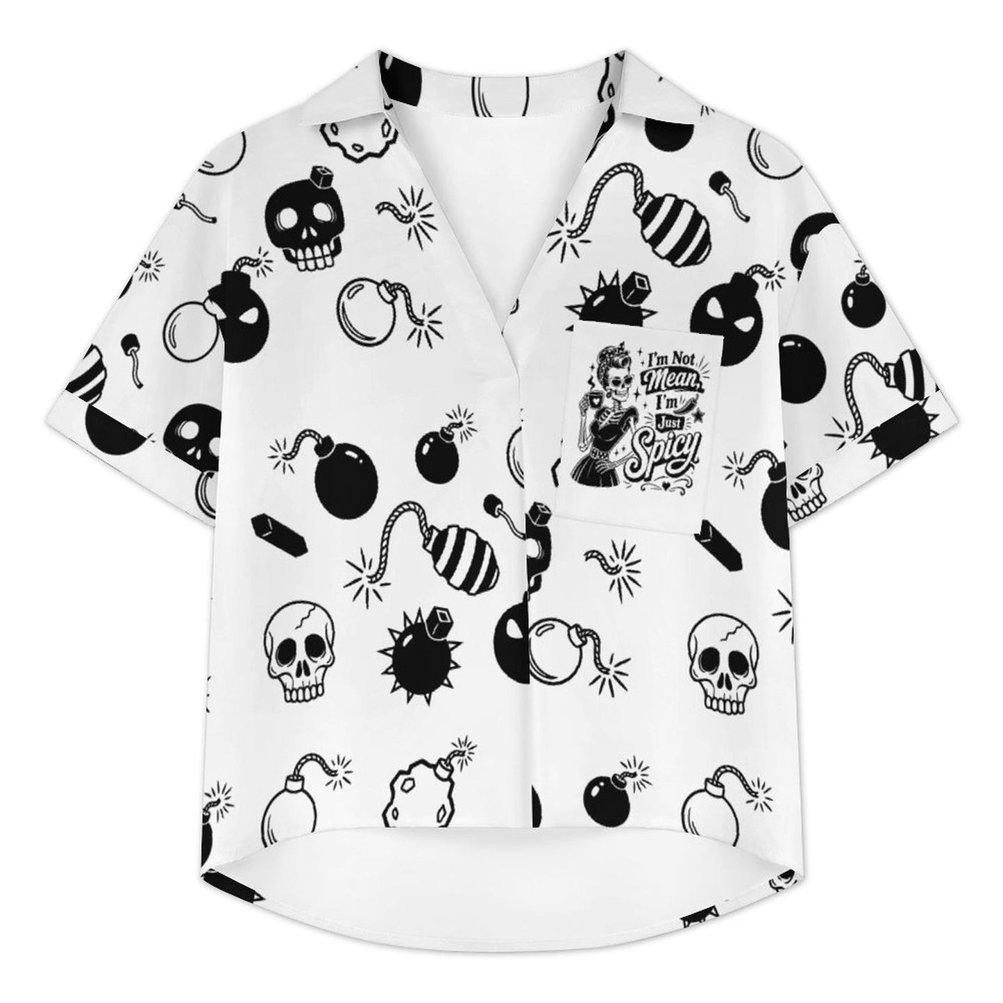 Close-up display of a white three-quarter sleeve slouchy top showcasing the elegant wide boat neckline drape and vibrant, high-definition sublimation skull print.
