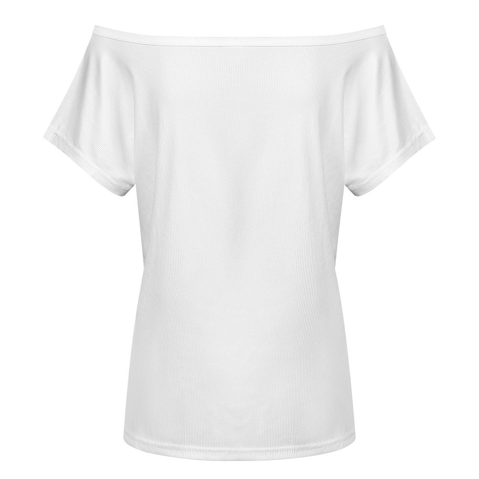 Back view mockup of a white short-sleeve wide-neck slouchy t-shirt showcasing the premium fine-ribbed fabric structure and clean neckline drape.