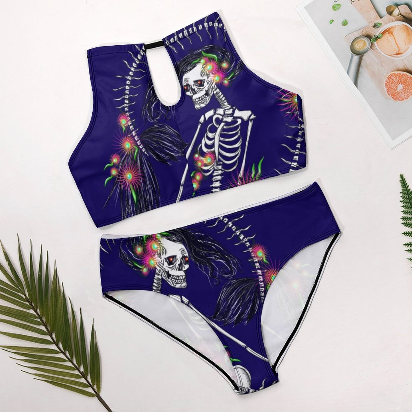 Women's Two piece Swimsuit with High Neck Halter Top(All-Over Printing)