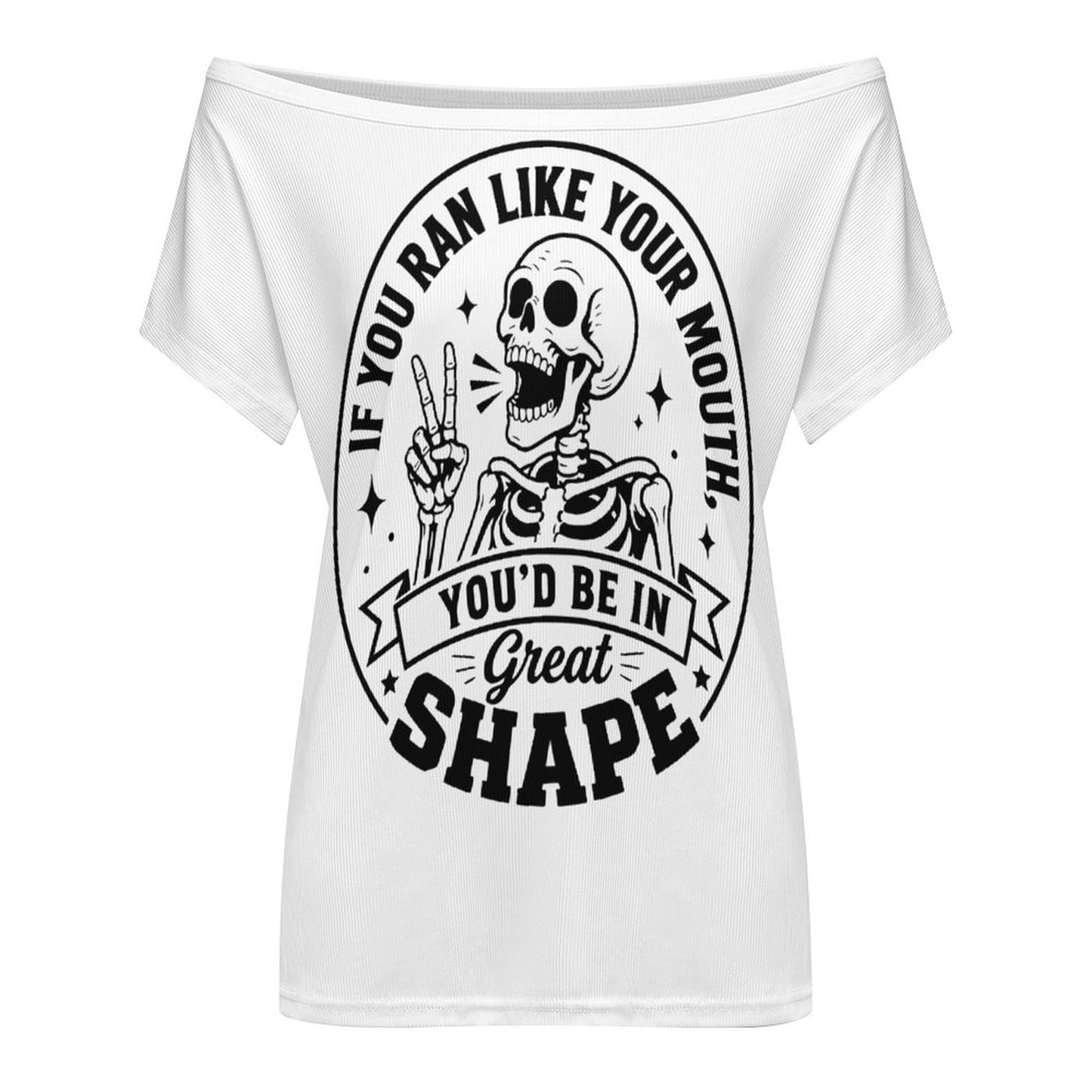 Front view flat lay mockup of a white sleeveless or short-sleeve wide-neck graphic top showcasing the sarcastic retro skeleton fitness print on a clean white background.