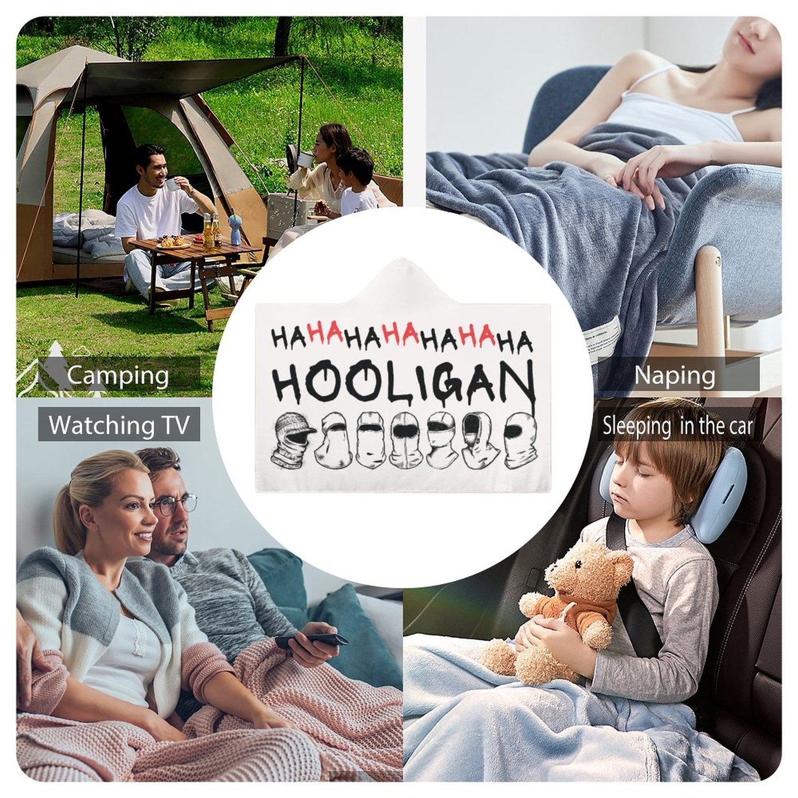 BTS Hooligan hooded blanket in white premium arctic velvet, perfect for K-Pop fans and ARMY concert gear.