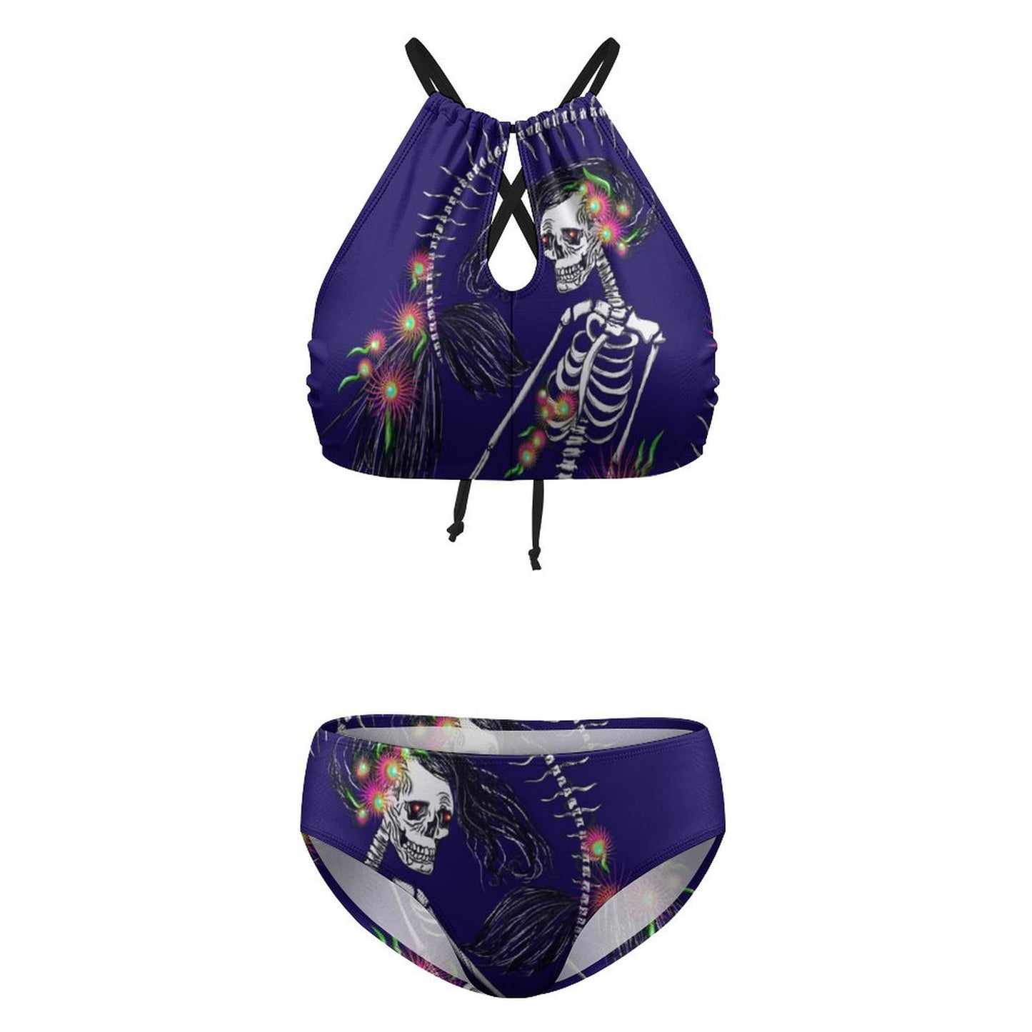 Women's Two piece Swimsuit with High Neck Halter Top(All-Over Printing)
