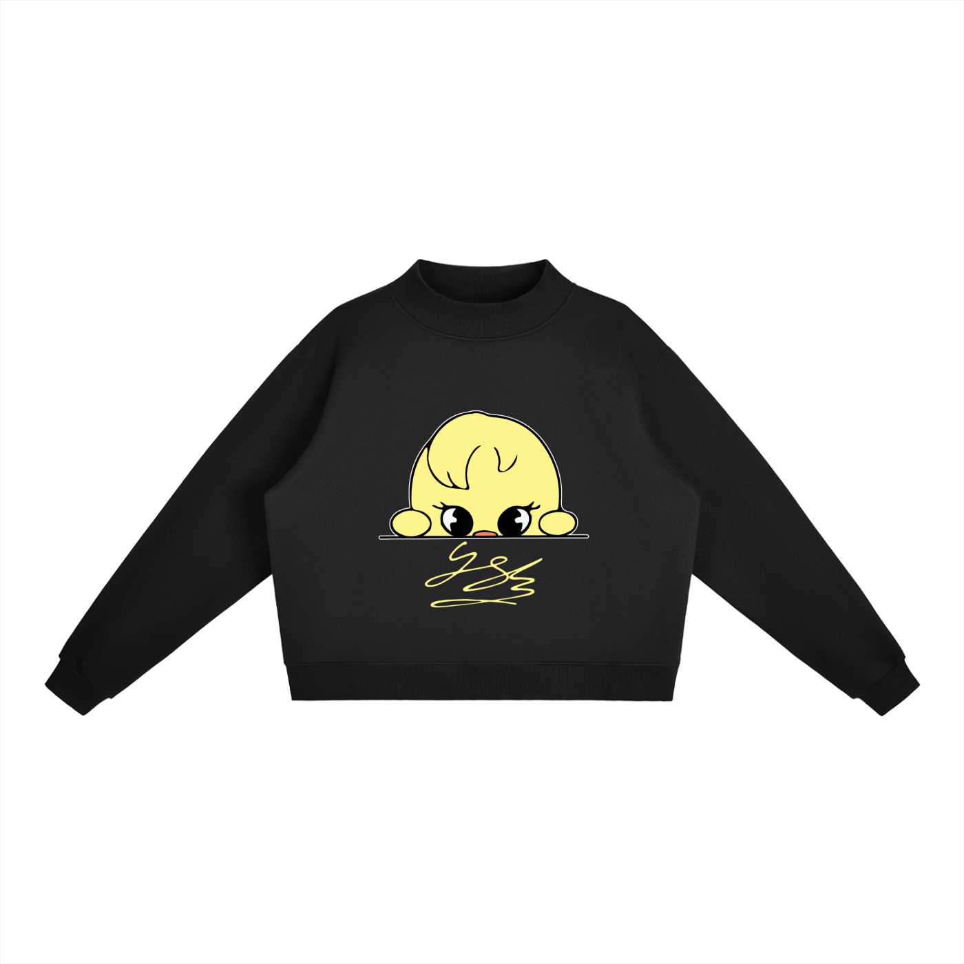 Front view of the SKZ Felix SKZOO black mock-neck cropped sweatshirt featuring a custom yellow character graphic and signature art print.