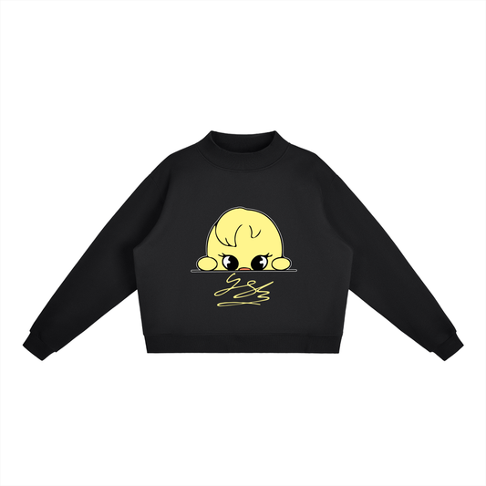 Front view of the SKZ Felix SKZOO black mock-neck cropped sweatshirt featuring a custom yellow character graphic and signature art print.