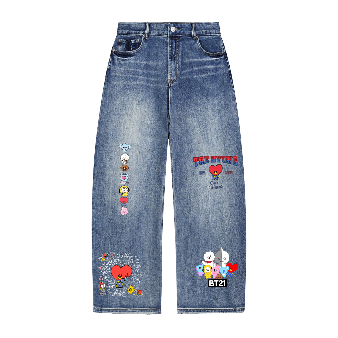 Front view of King TATA BT21 BTS sun fade heavyweight denim jeans featuring character graphic prints on the lower legs.