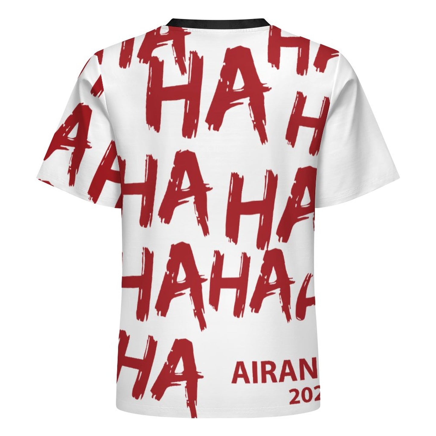Back view of the BT21 Hooligan t-shirt featuring a bold red all-over print HA HA HA graphic design.