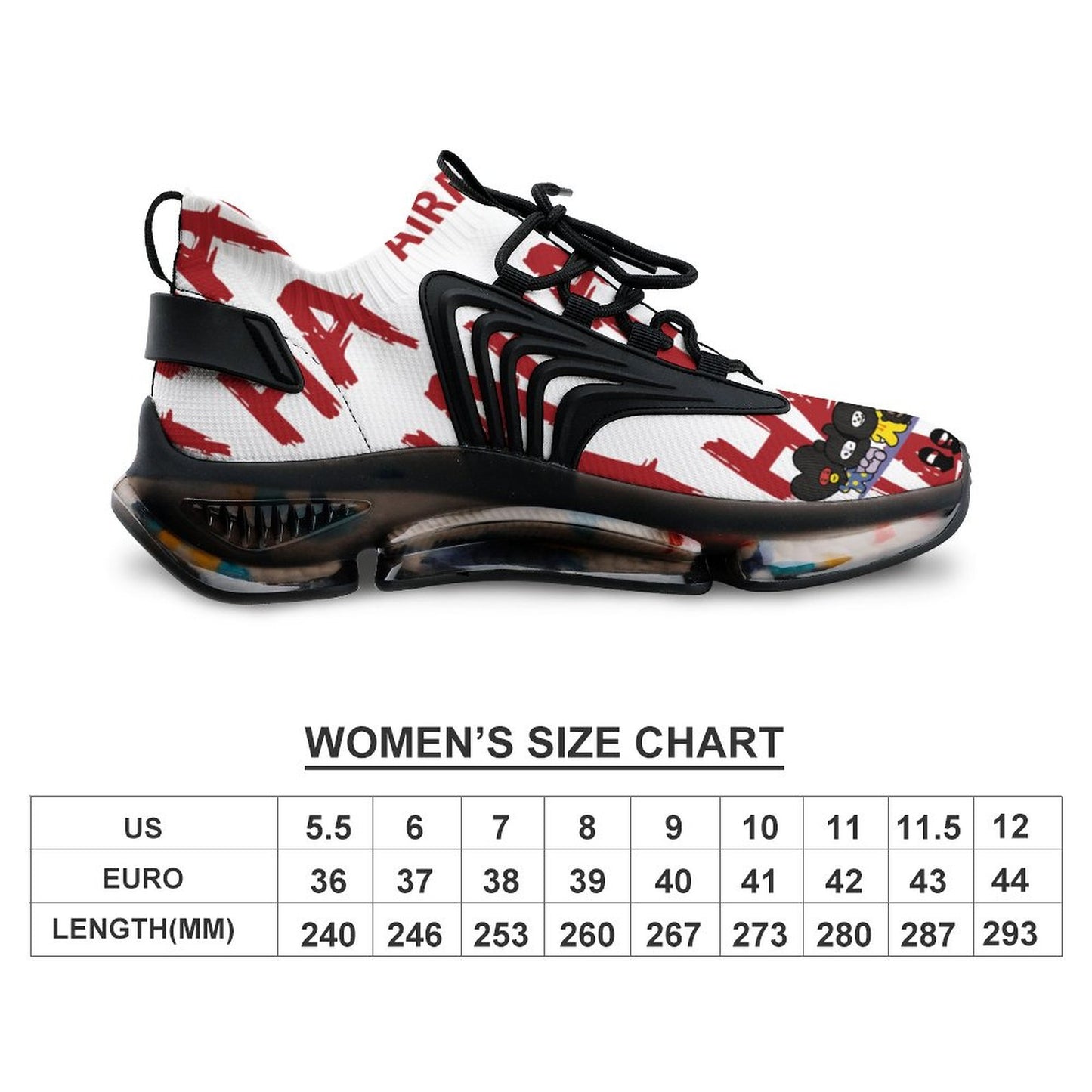 Flat lay sizing dimension chart graphic for the women's basketball shoes, showing inclusive sizing parameters from US 5.5 to US 12 / EUR 36 to EUR 44.