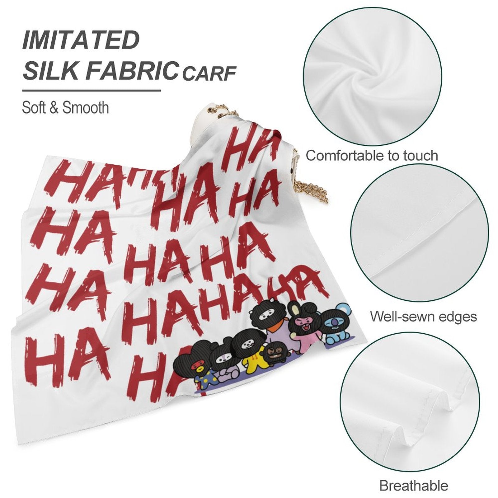 Detailed close-up shot of the wrinkle-resistant imitated silk fabric, showcasing the smooth texture and vibrant, high-definition sublimation printing of the stylized BT21 fan art characters.
