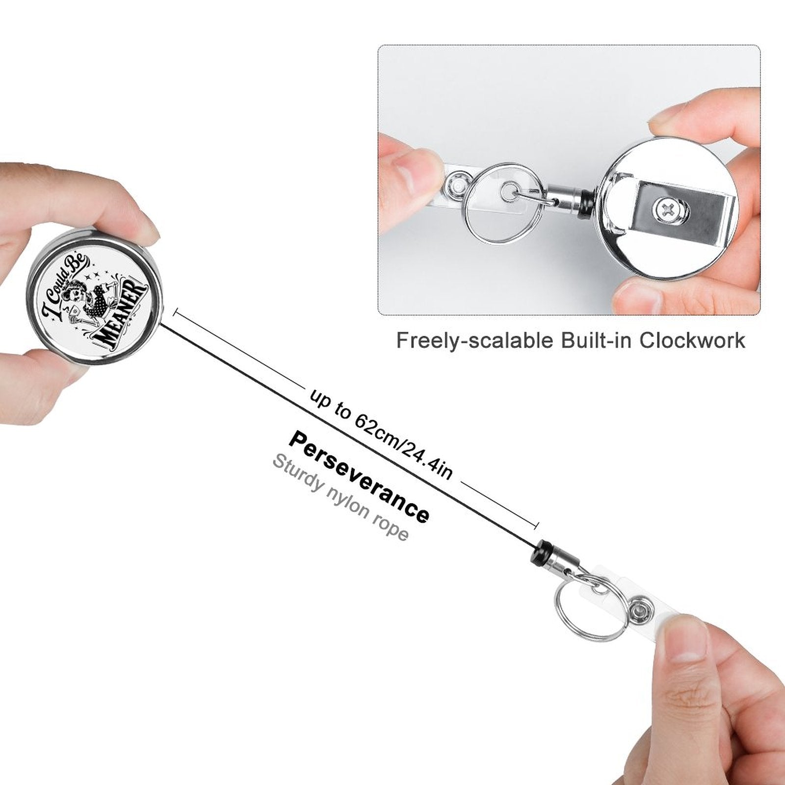 Showing the extended retractable rope mechanism and fabric safe clip on the back of the metal badge holder
