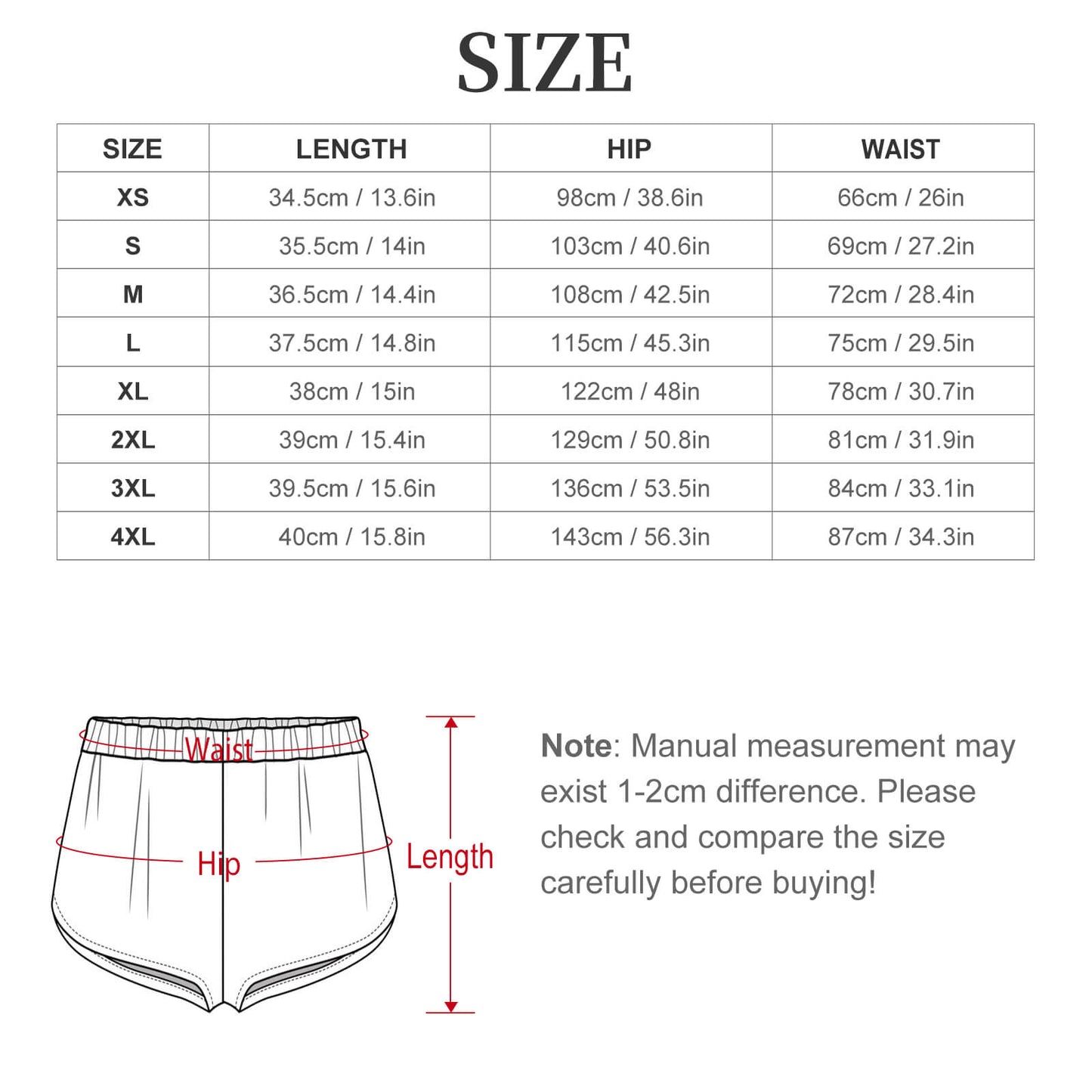 Size chart for the BookTok lounge pajama shorts, showing length, hip, and waist measurements in centimeters and inches for sizes XS to 4XL.