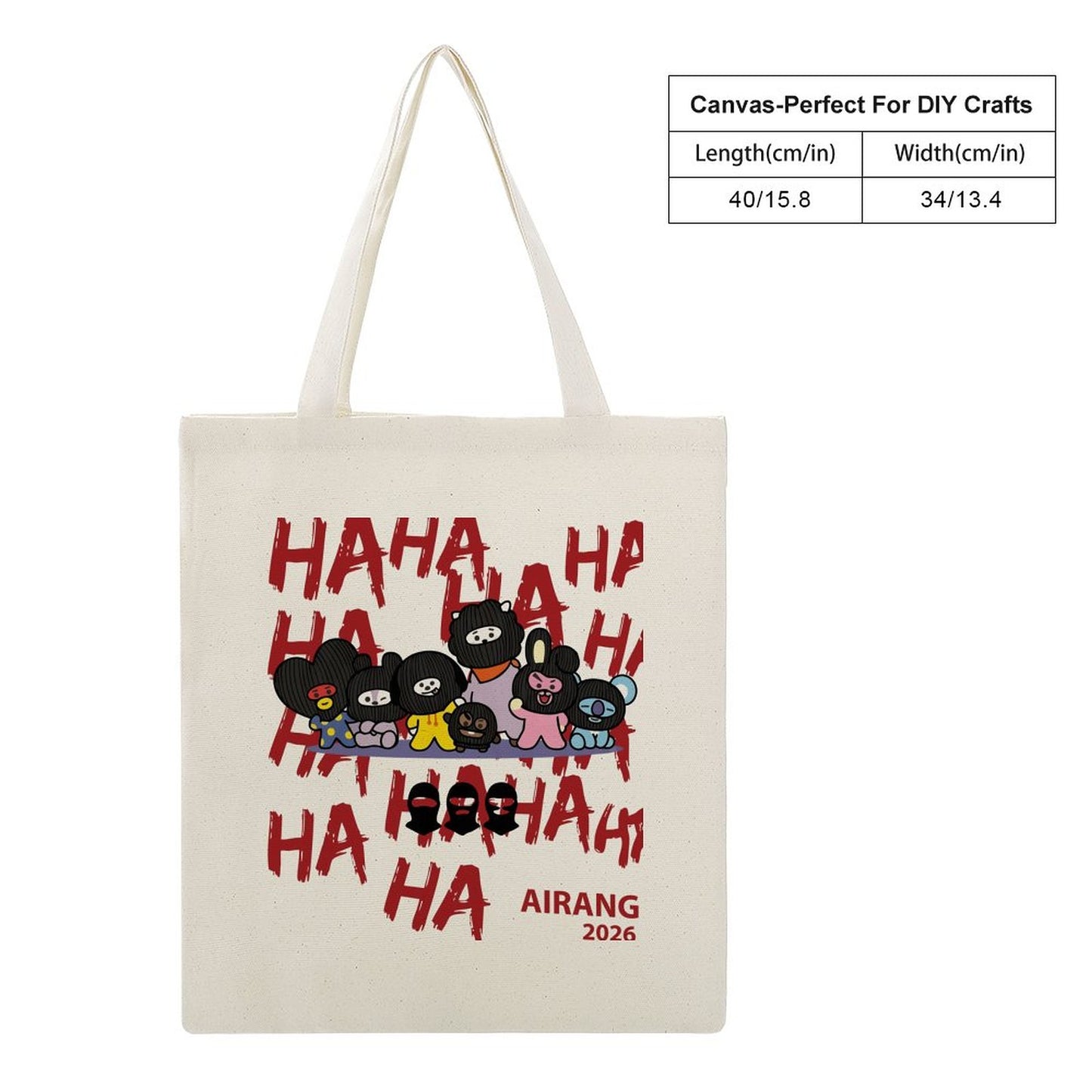 Product design template blueprint for the BT21 Hooligan canvas tote bag showing graphic placement details.
