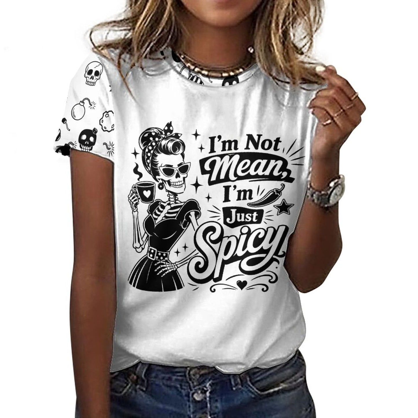 Front lifestyle view mockup of a woman wearing a white 180gsm short sleeve graphic tee featuring a detailed skull layout and text that reads I'm Not Mean I'm Spicy.