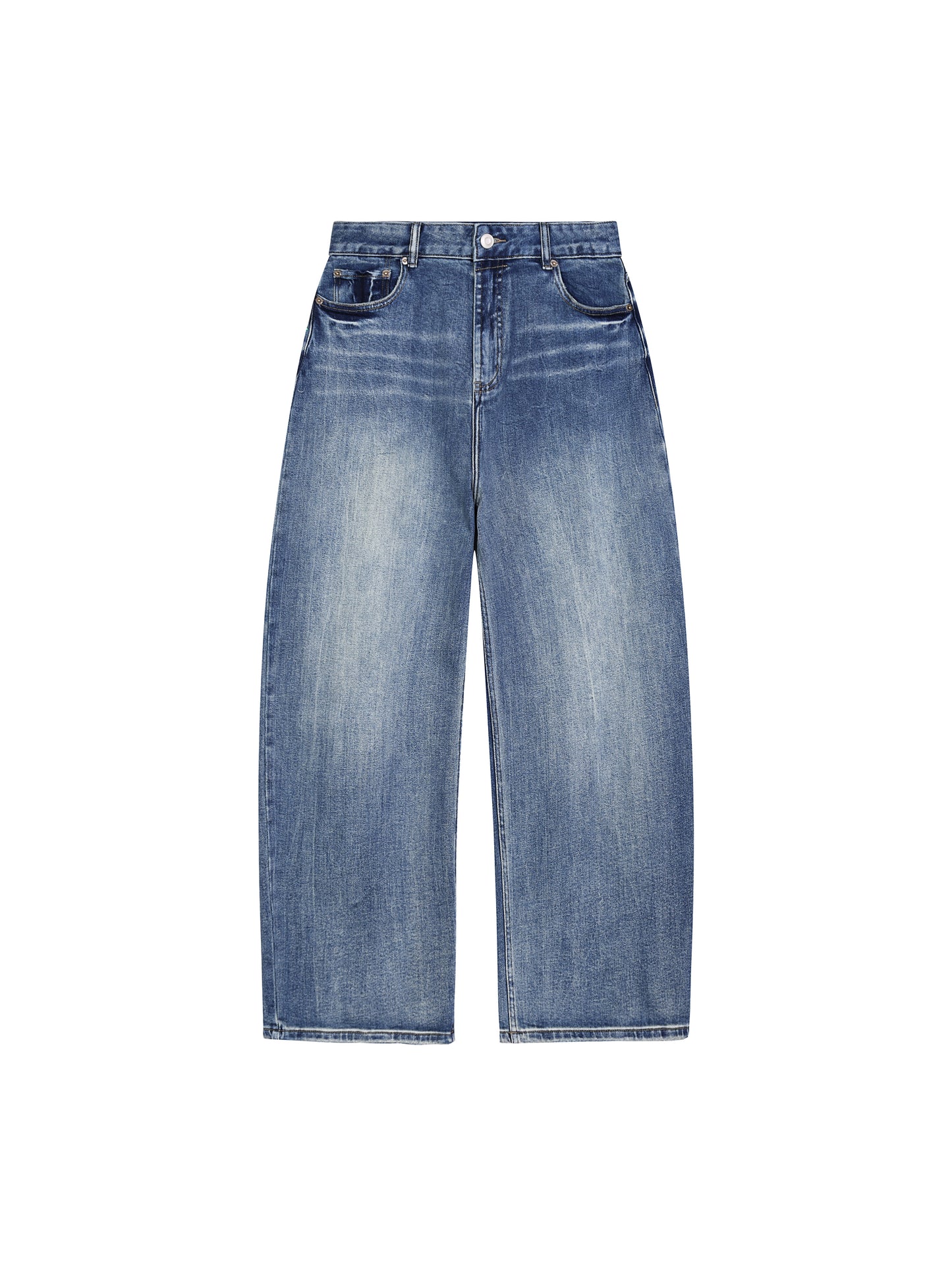Front flat lay view of the BT21 King TATA sun fade heavyweight denim jeans highlighting the classic straight wide-leg silhouette.