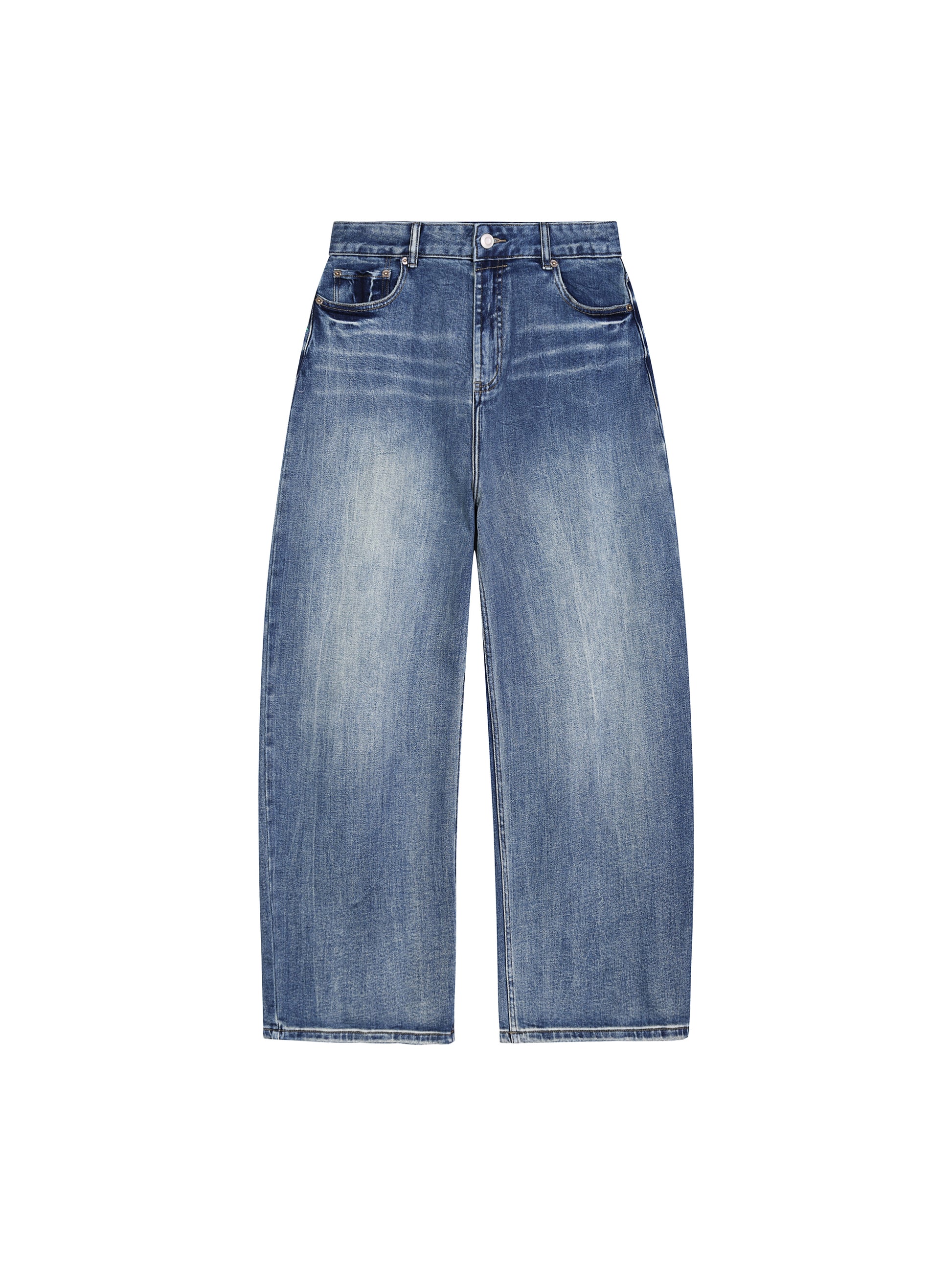 Front flat lay view of the BT21 King TATA sun fade heavyweight denim jeans highlighting the classic straight wide-leg silhouette.