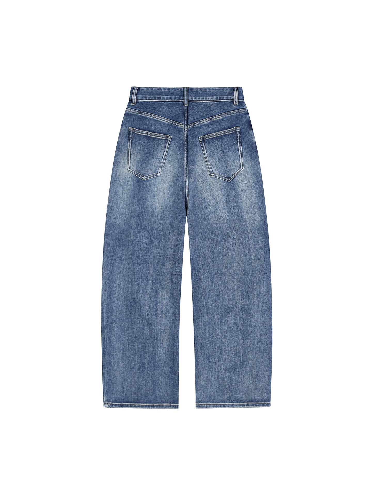 Back flat lay view of the BT21 King TATA sun fade heavyweight denim jeans highlighting the wide-leg cut and washed vintage texture.