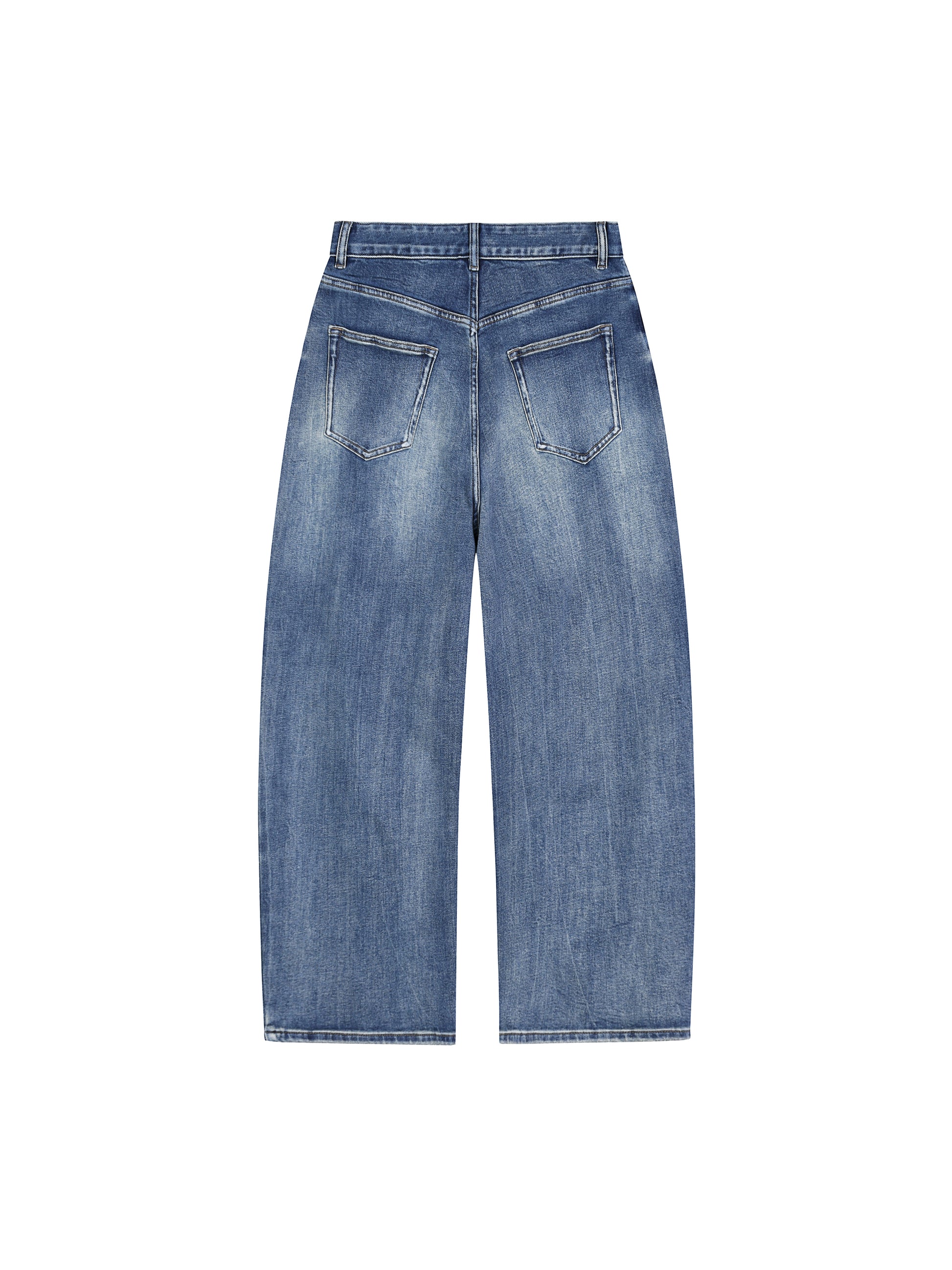 Back flat lay view of the BT21 King TATA sun fade heavyweight denim jeans highlighting the wide-leg cut and washed vintage texture.